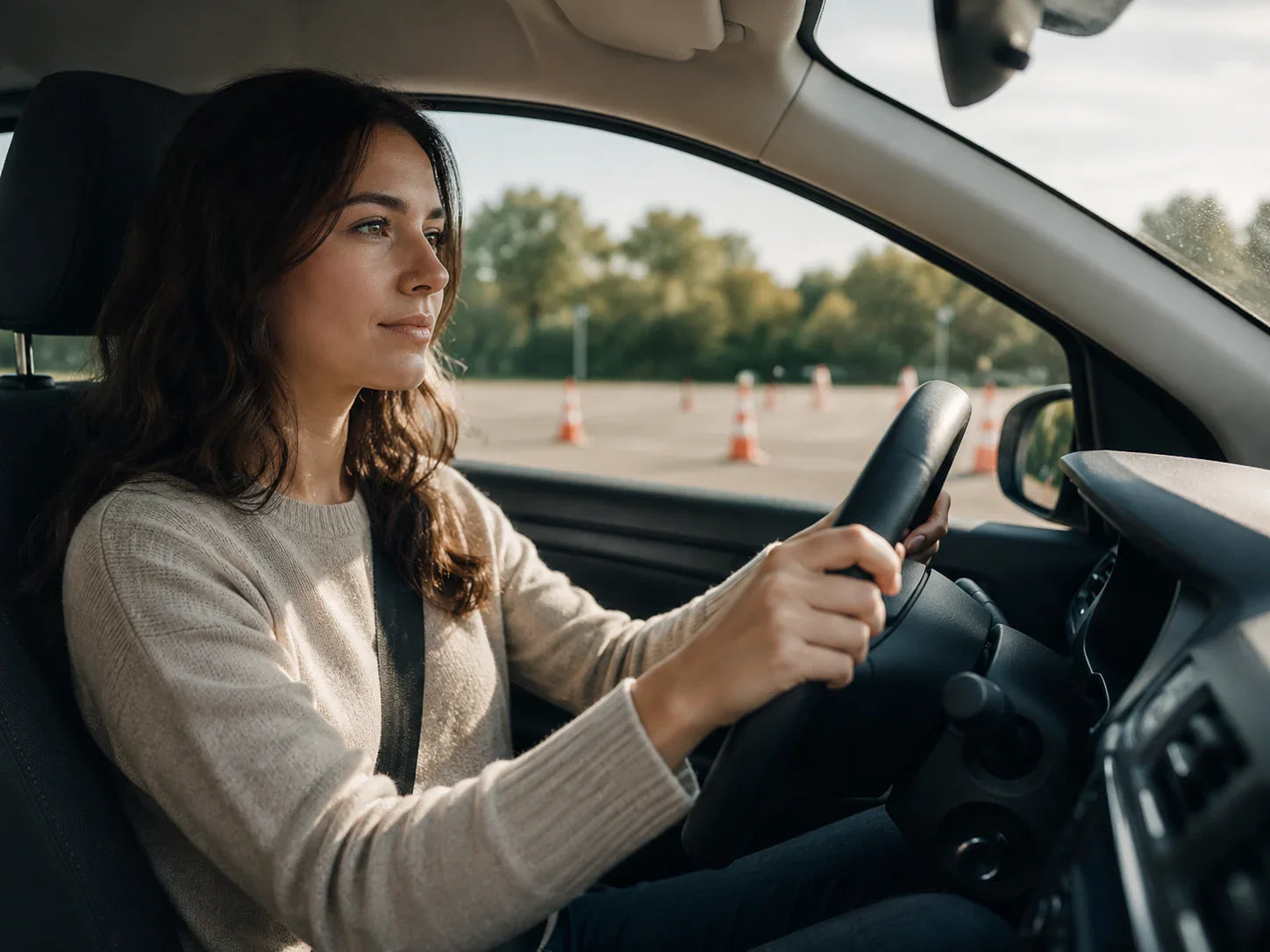 Calm learner driver behind the wheel during a driving test practice scene