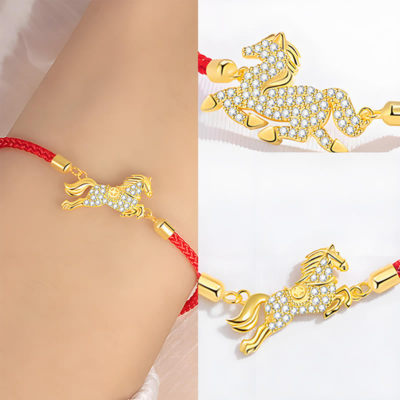 Gold bracelet with horse charm on red cord, close-up and side view.