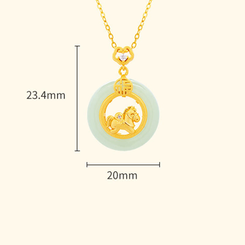 Gold necklace with a horse pendant on a light beige background