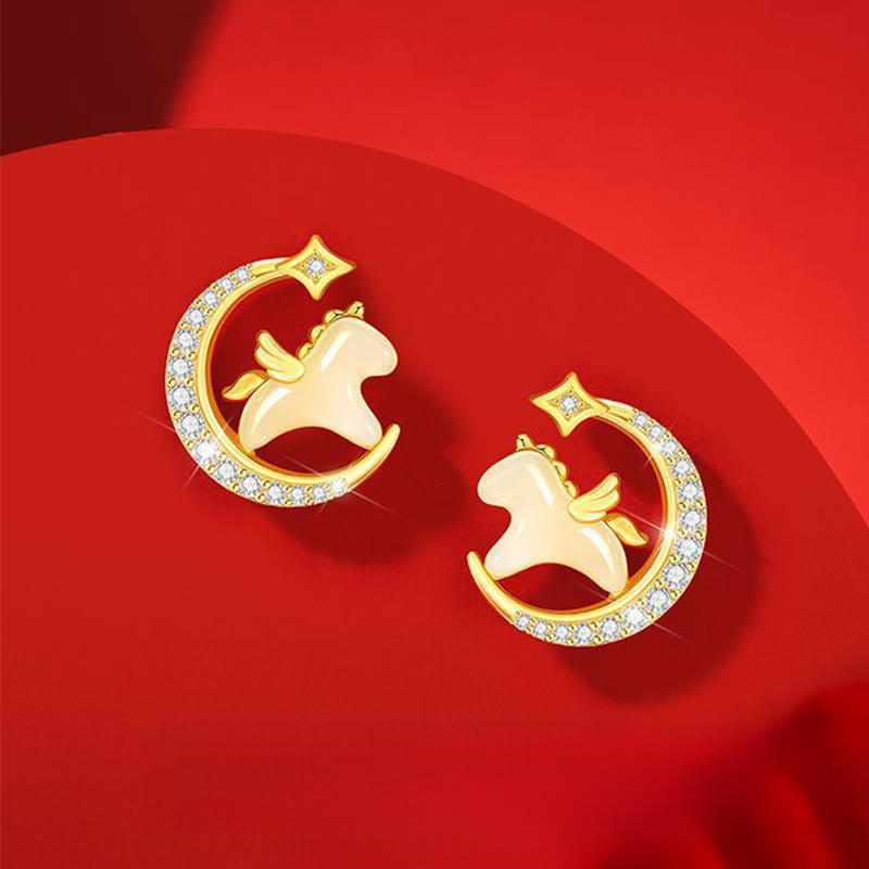 Celestial Horse Hetian Jade Zircon Earrings