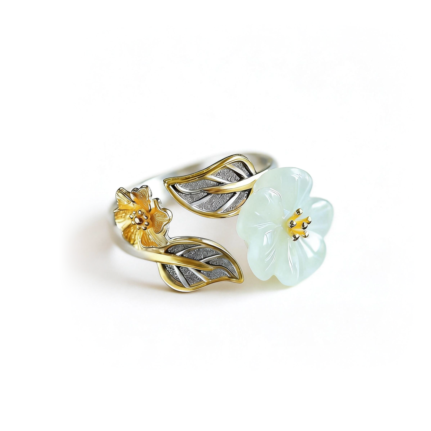 Model portrait wearing the White Jade Plum Flower Leaf Ring, radiating confidence and calm