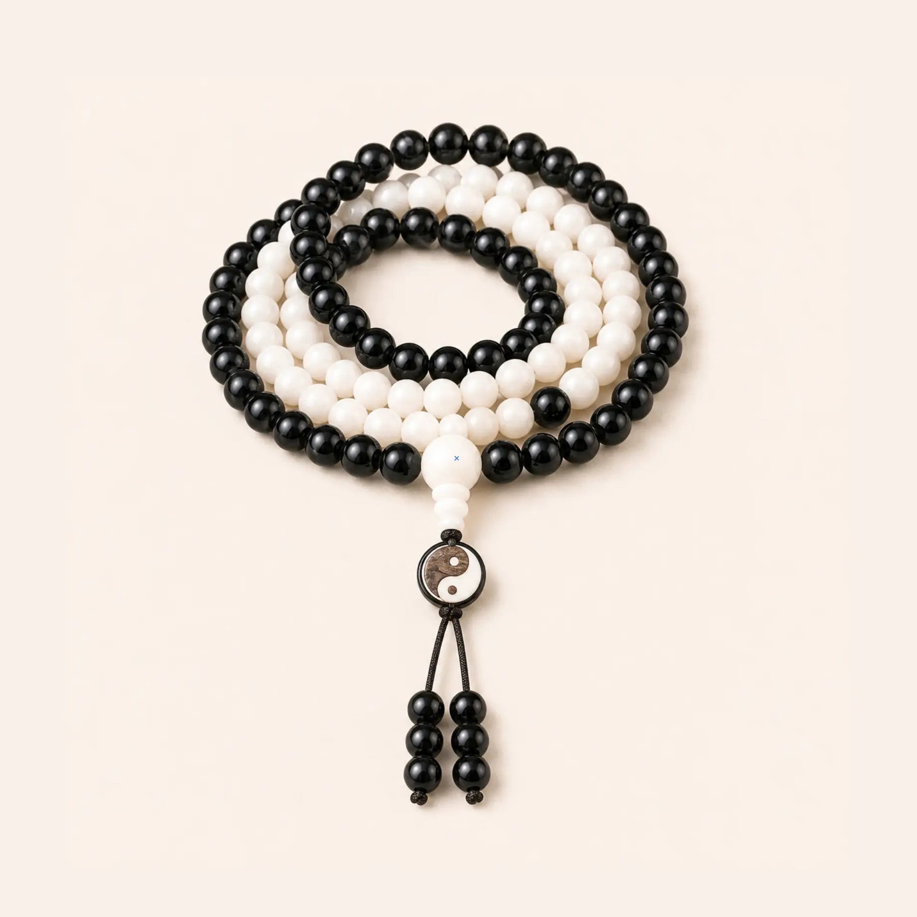 Two Forces White Jade Ebony Yin Yang 108-Bead Mala