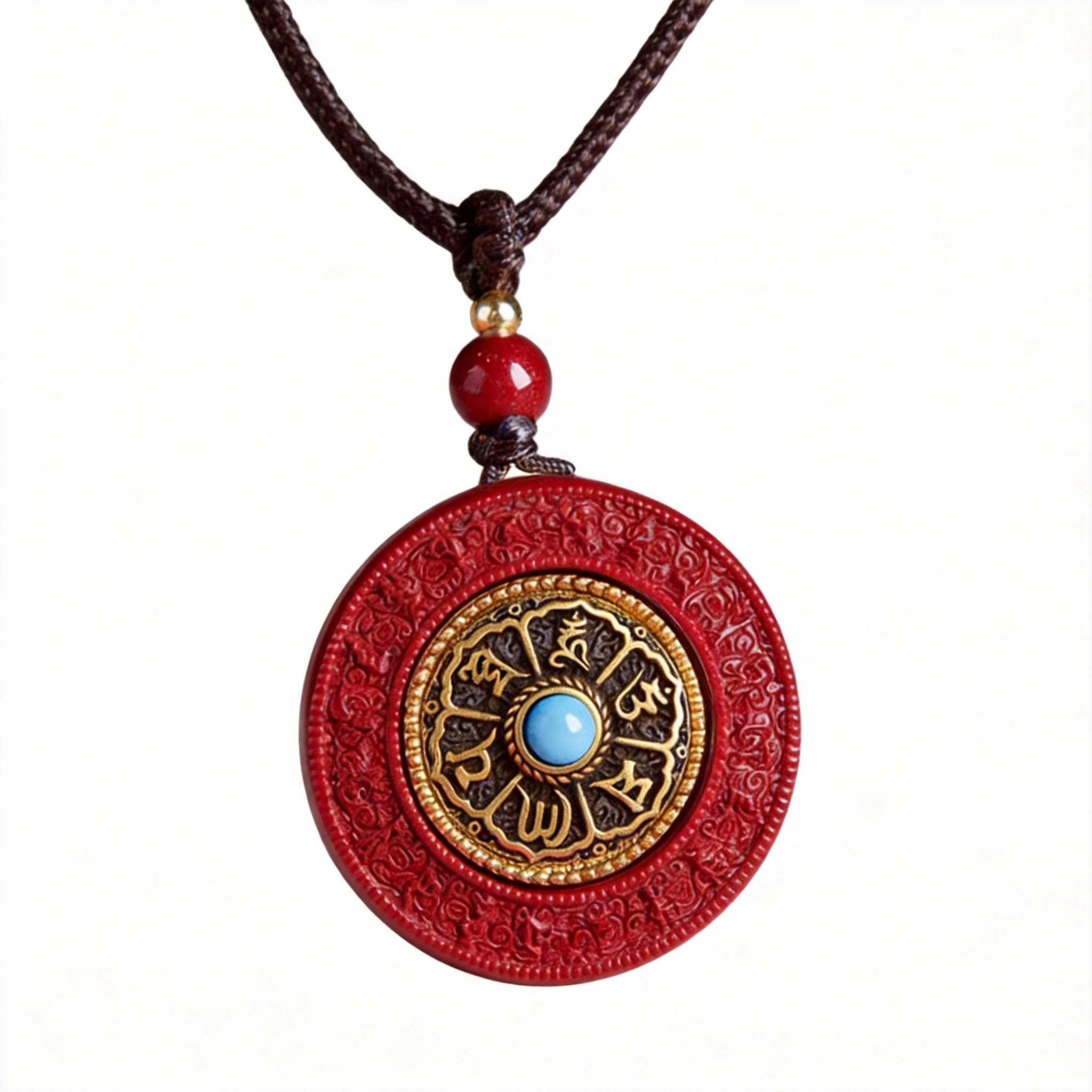Red and gold pendant necklace with a blue gemstone on a white background