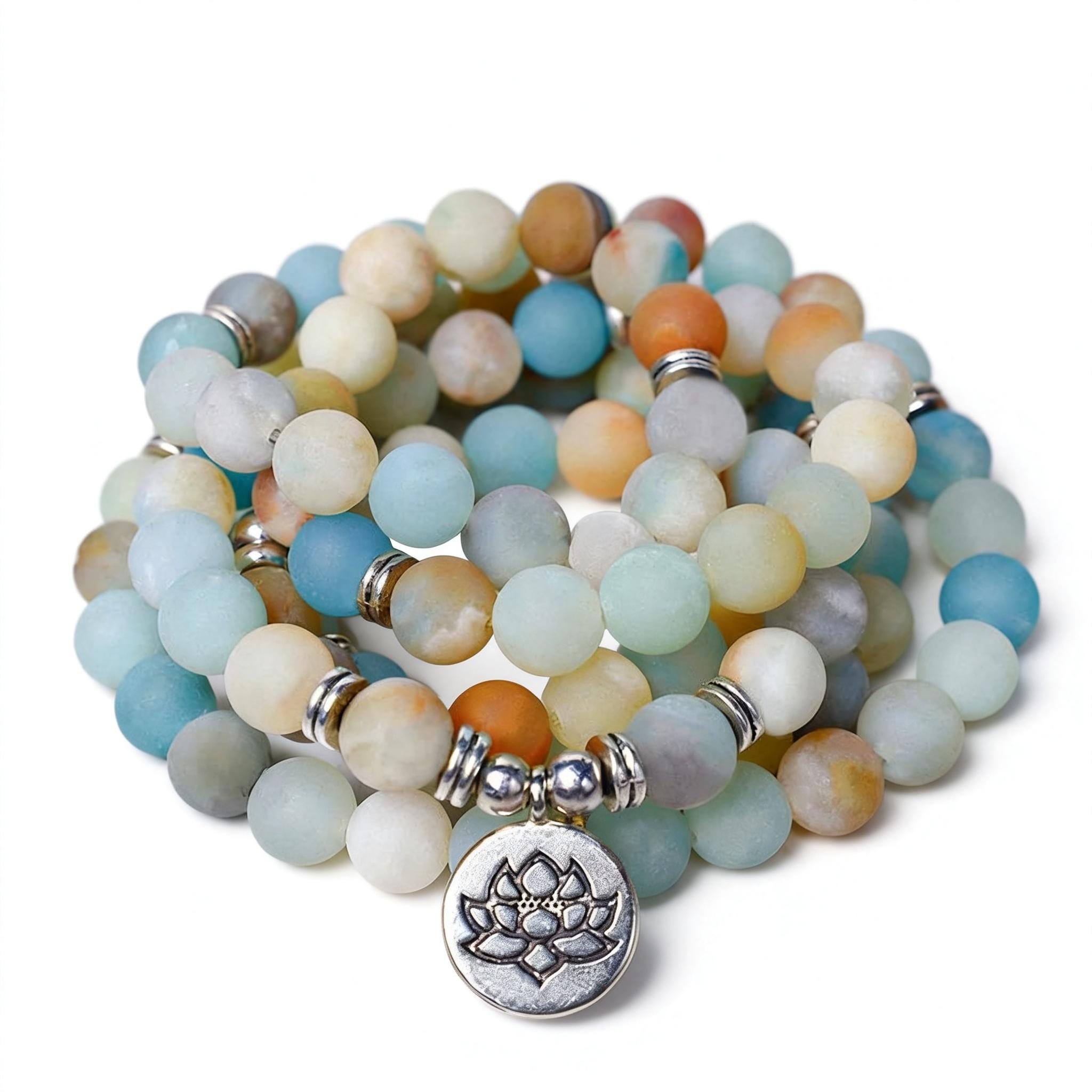 Serenity Lotus Amazonite Mala with 108 Amazonite Beads and Silver Lotus Pendant | TheFuMaster