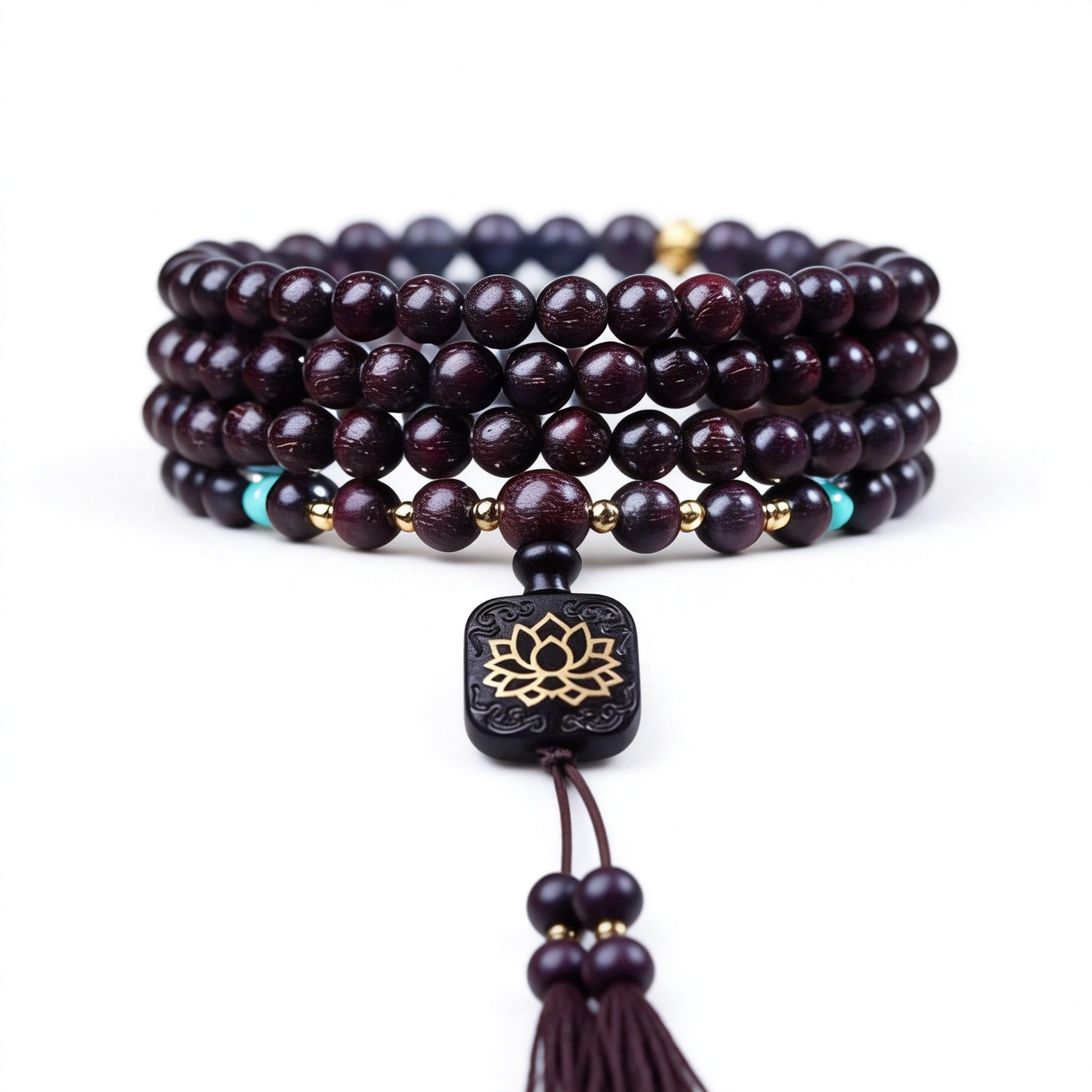 Wooden beaded bracelet with a tassel and lotus flower charm on a white background