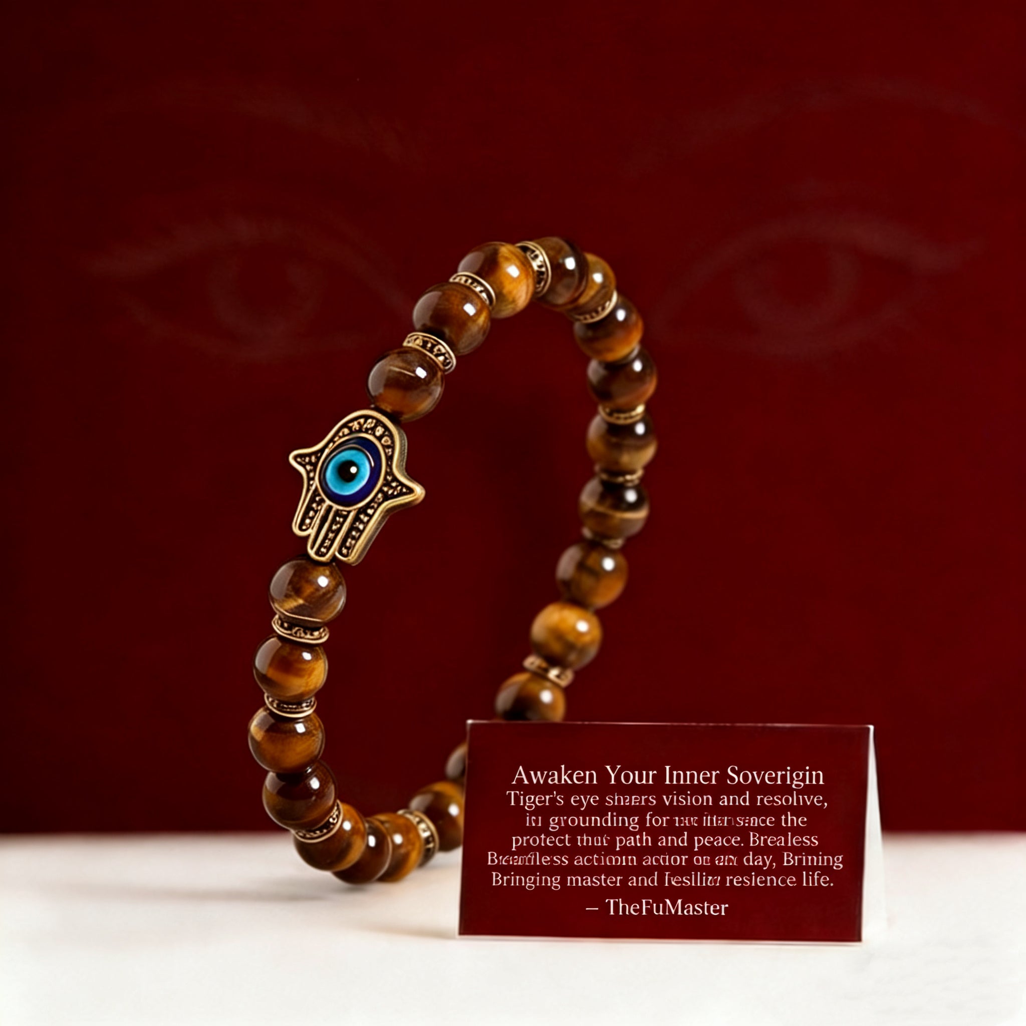 Beaded bracelet with a blue eye charm on a red background