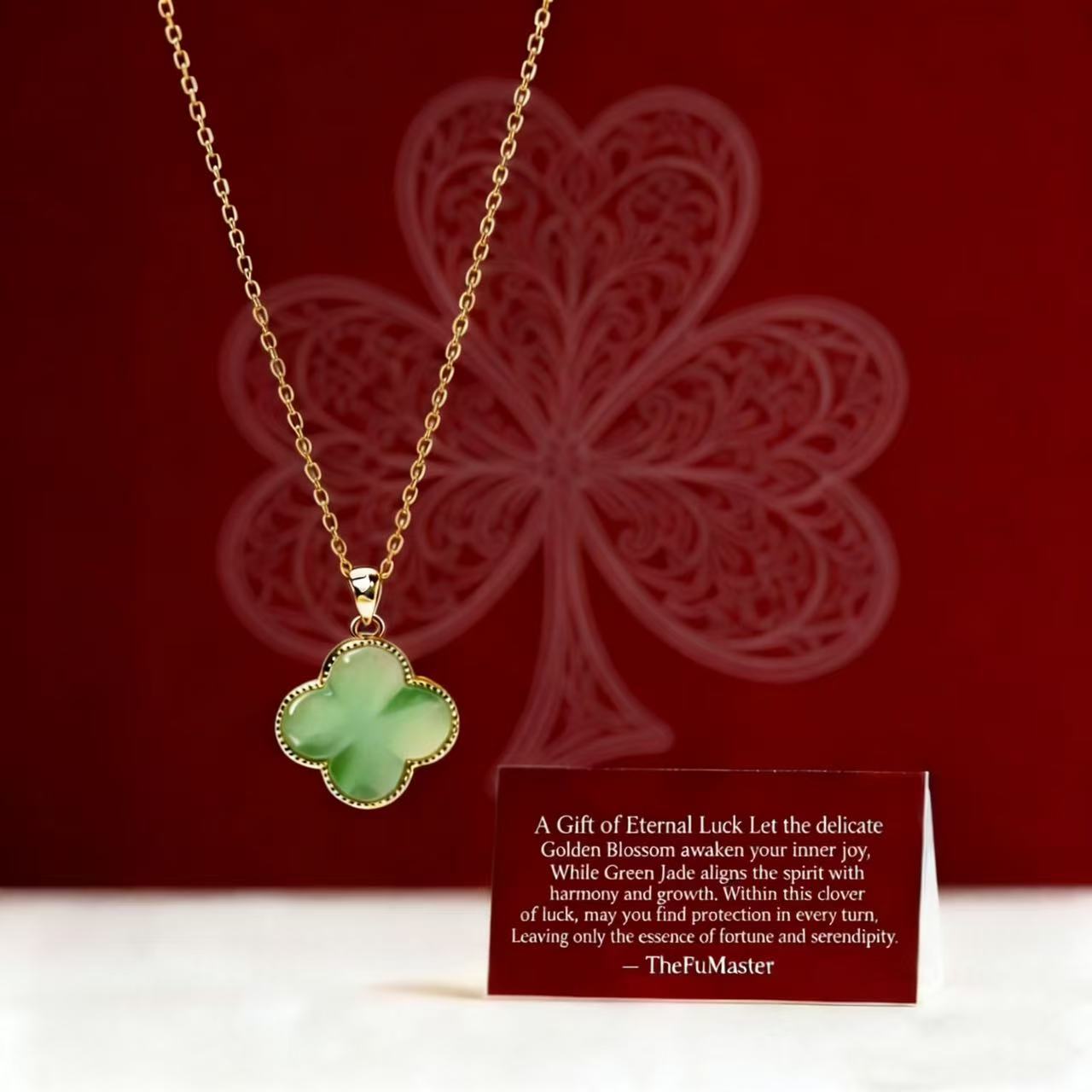 Front view of Serene Clover Jade Pendant Necklace showing gold-trimmed green jade clover design by TheFuMaster