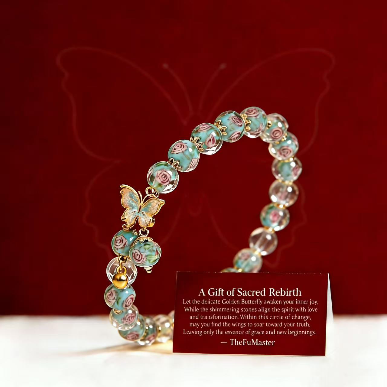 Decorative bracelet with butterfly charm on a red background