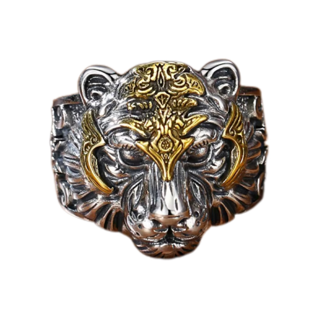 Metallic tiger head design on a white background