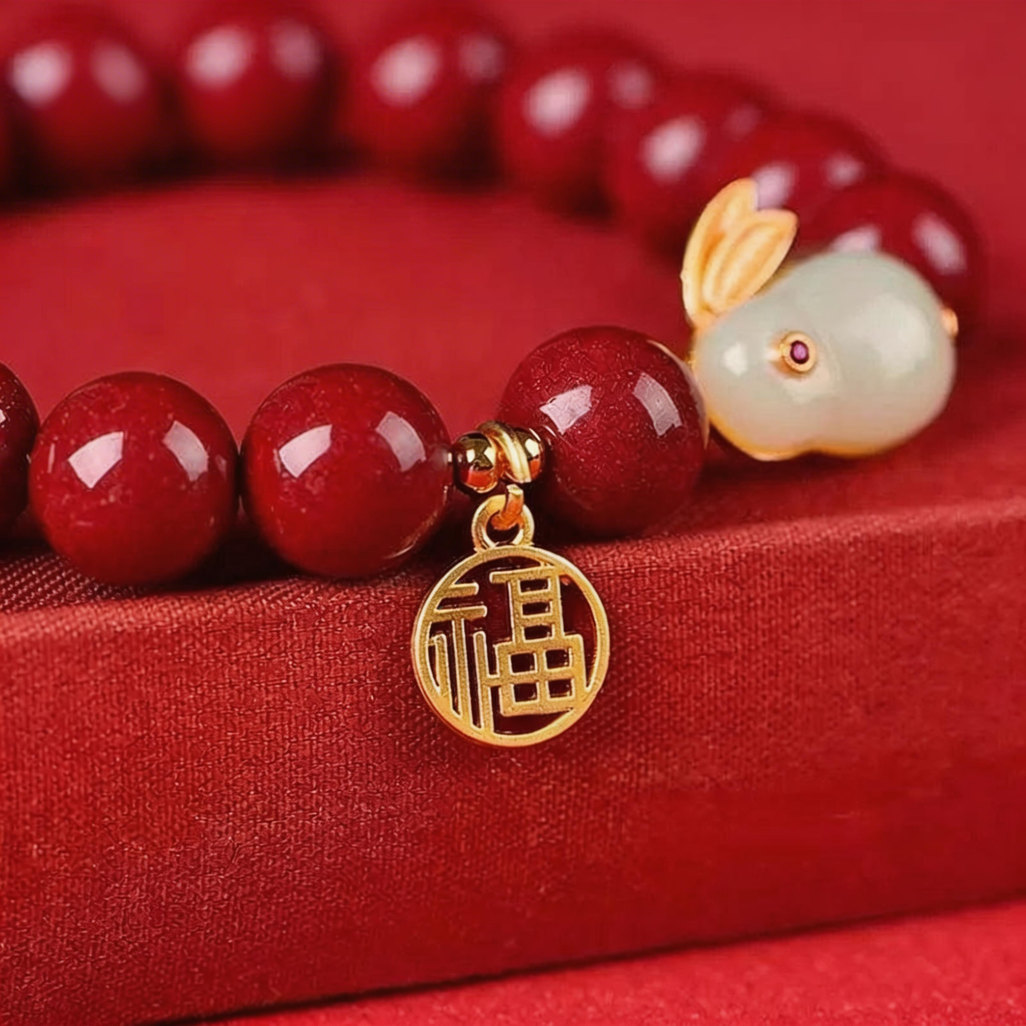 Bracelet with red beads and gold charm on a red background