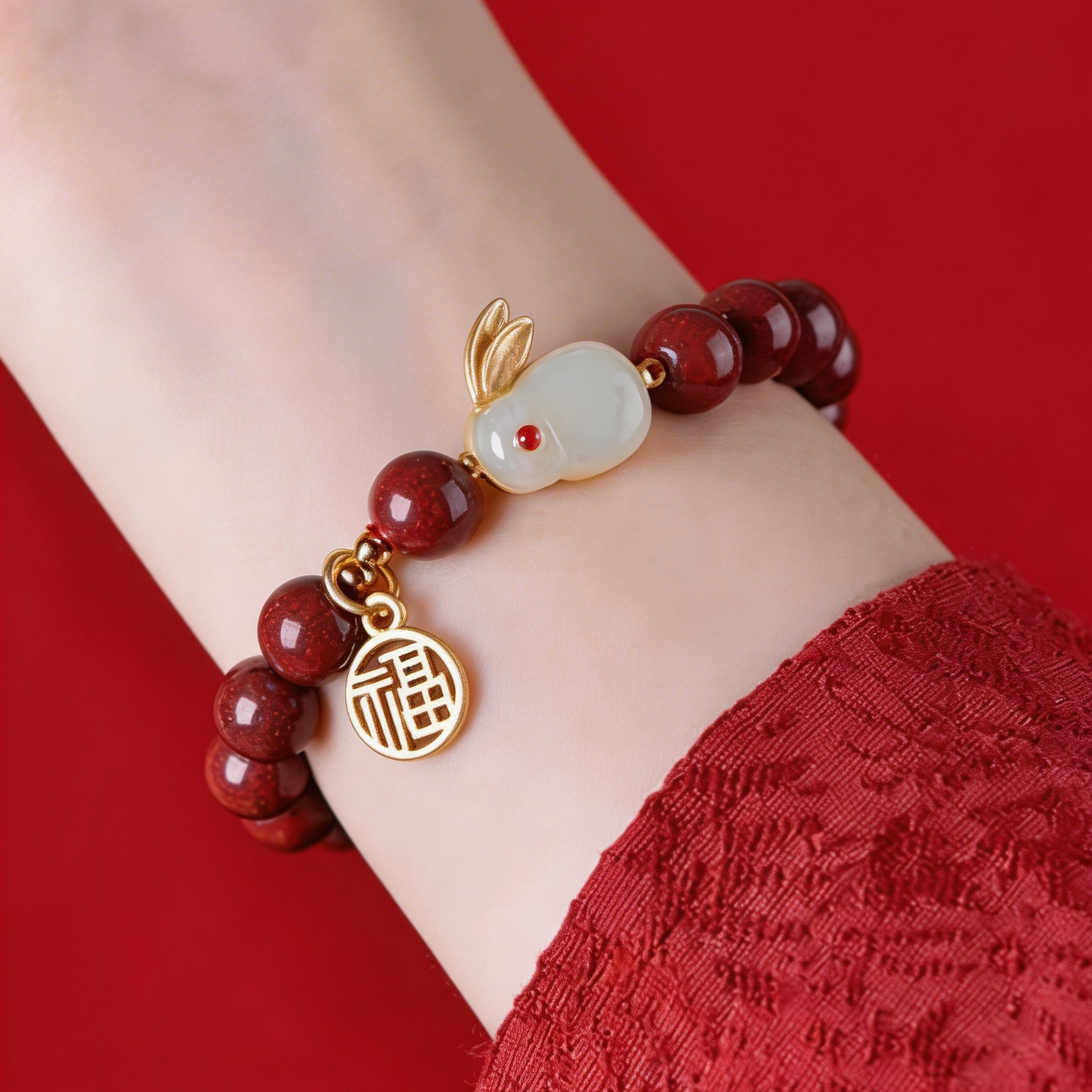 Bracelet with red beads and gold charms on a wrist against a red background