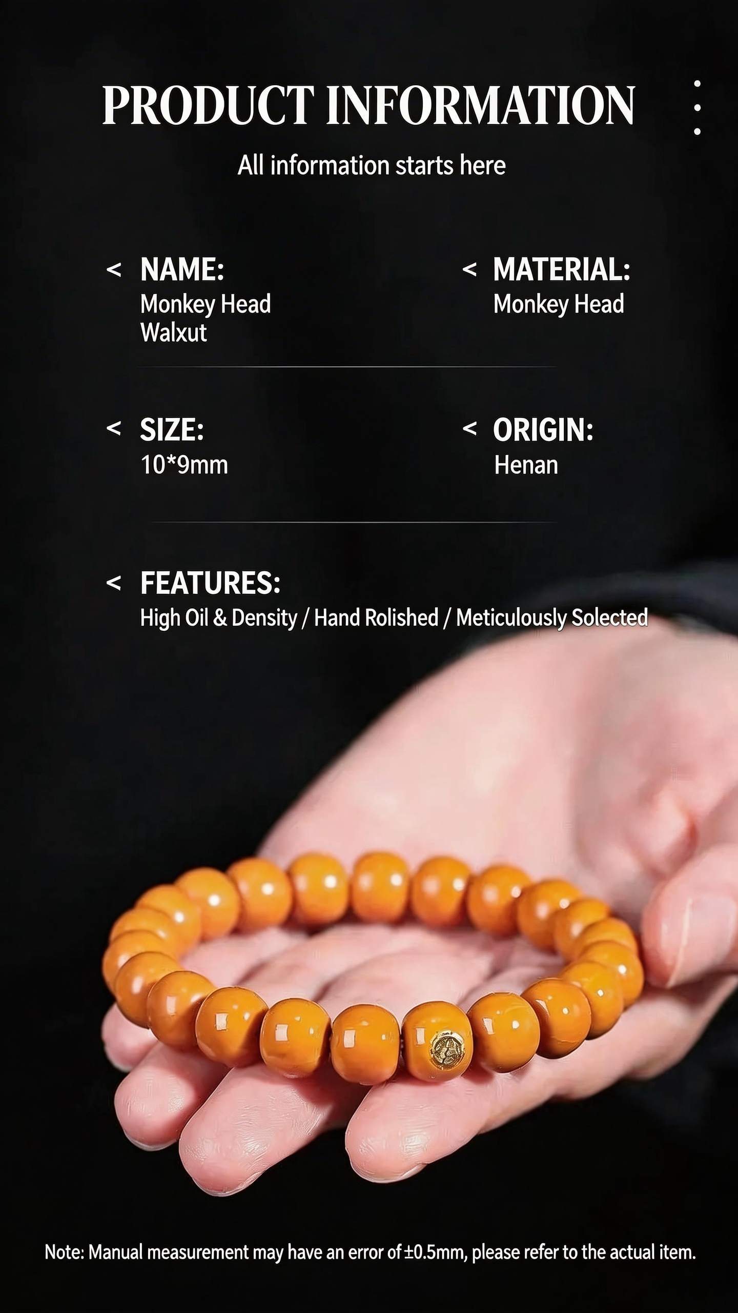 Hand holding a monkey head walnut bracelet with product information displayed.