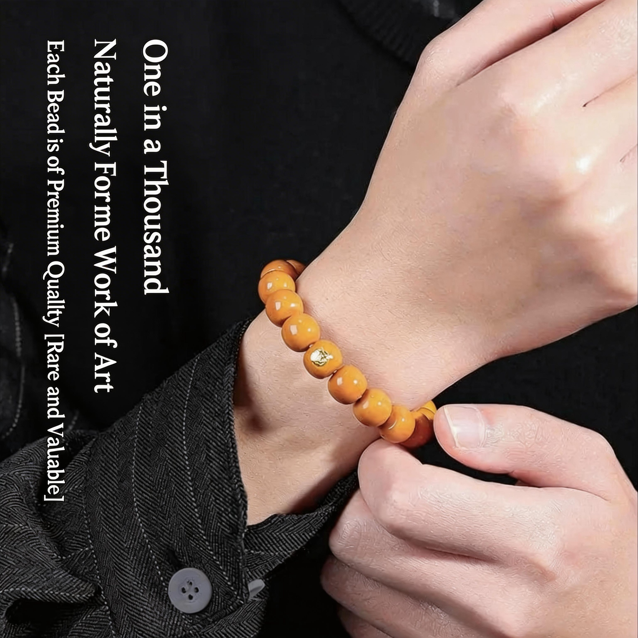 Person wearing a yellow beaded bracelet with text about the quality of the beads.