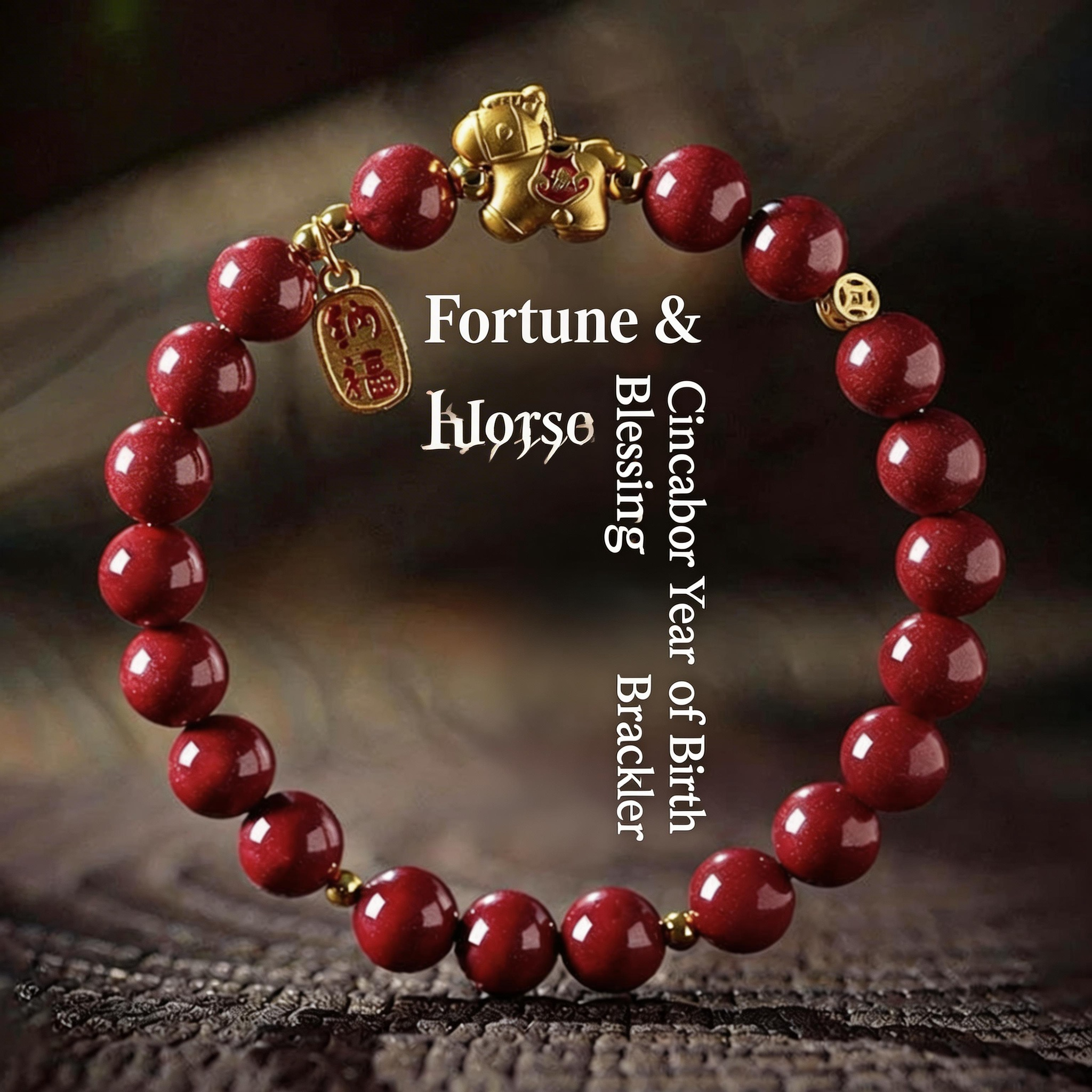 Red beaded bracelet with gold accents on a textured surface, featuring text about its significance.