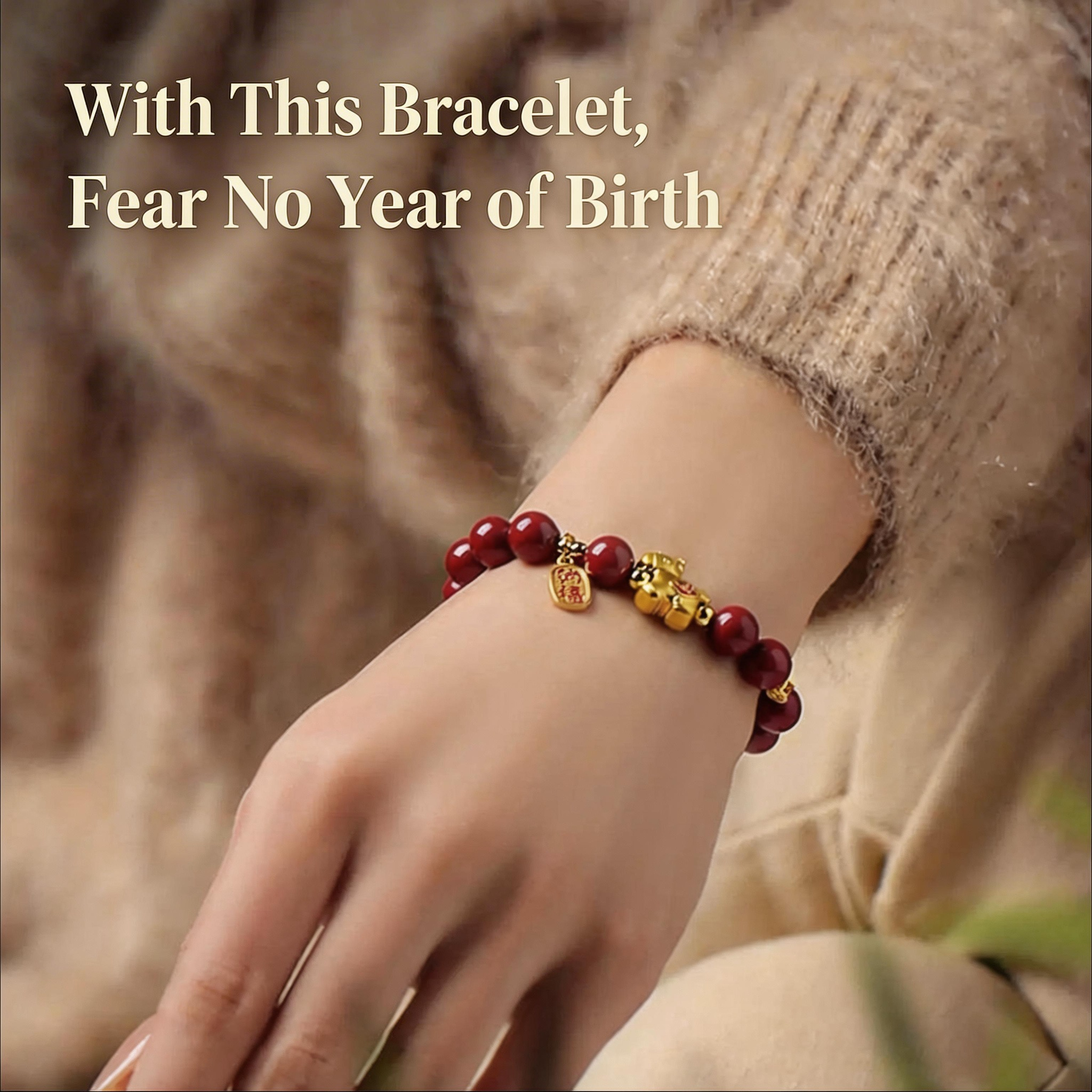 Bracelet with red beads and gold accents on a wrist, with text 'With This Bracelet, Fear No Year of Birth'.