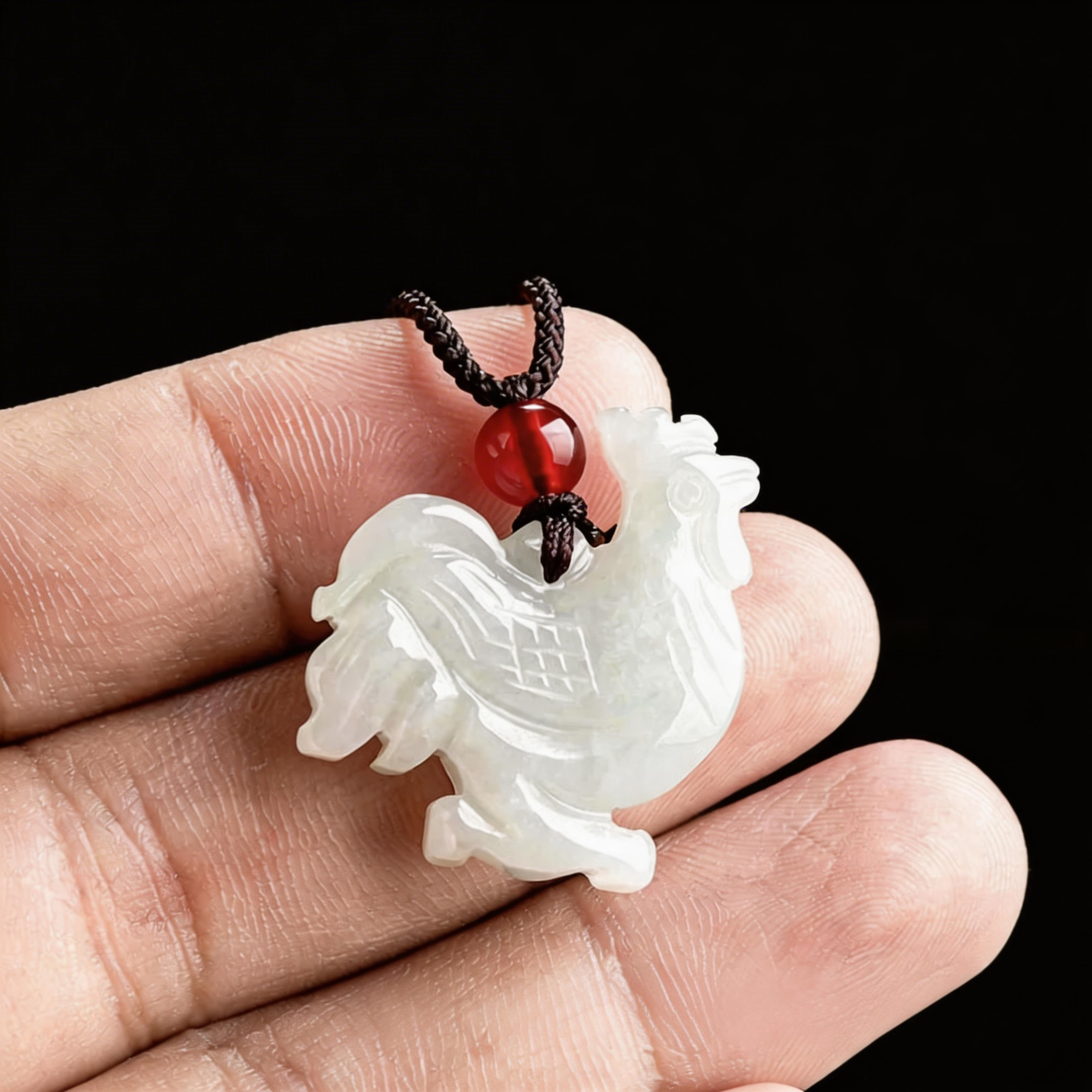 White jade pendant with red bead on a black background