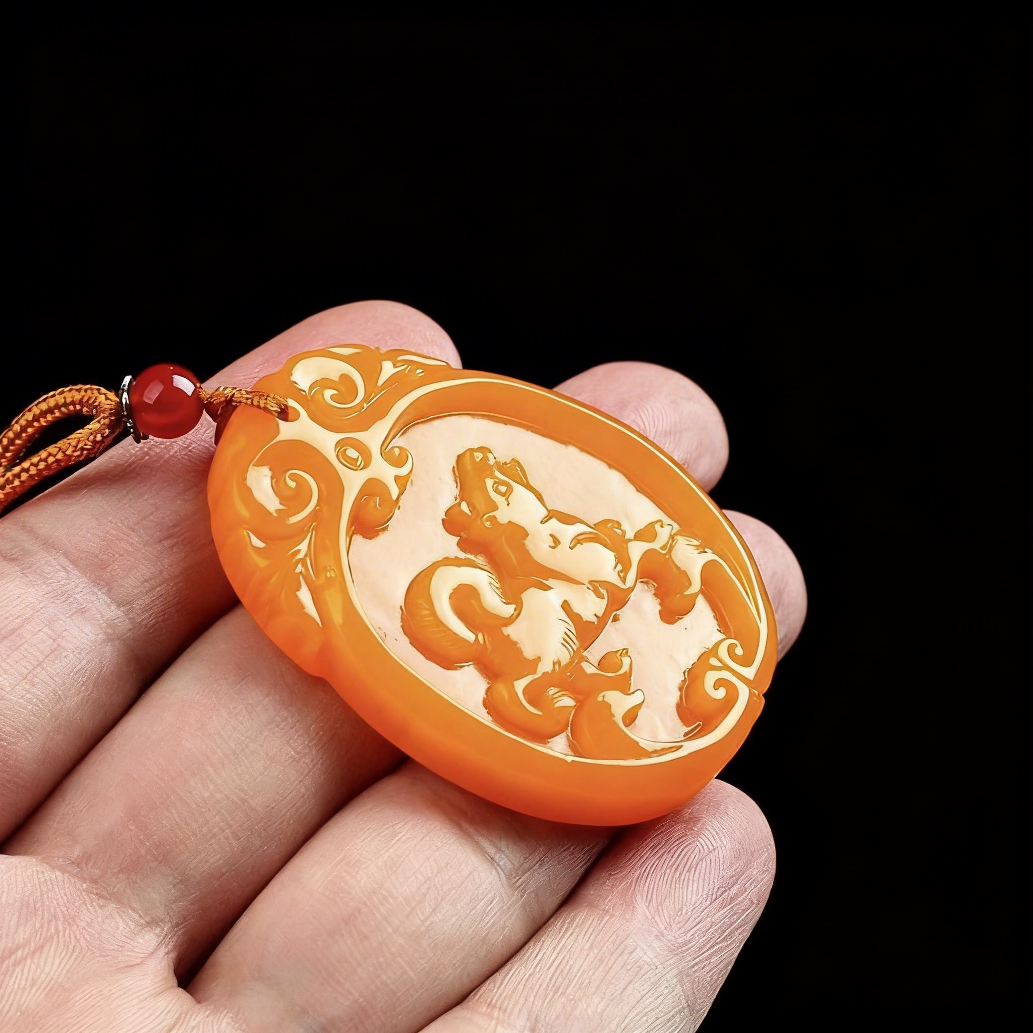 Decorative orange pendant with intricate design held in a hand against a black background