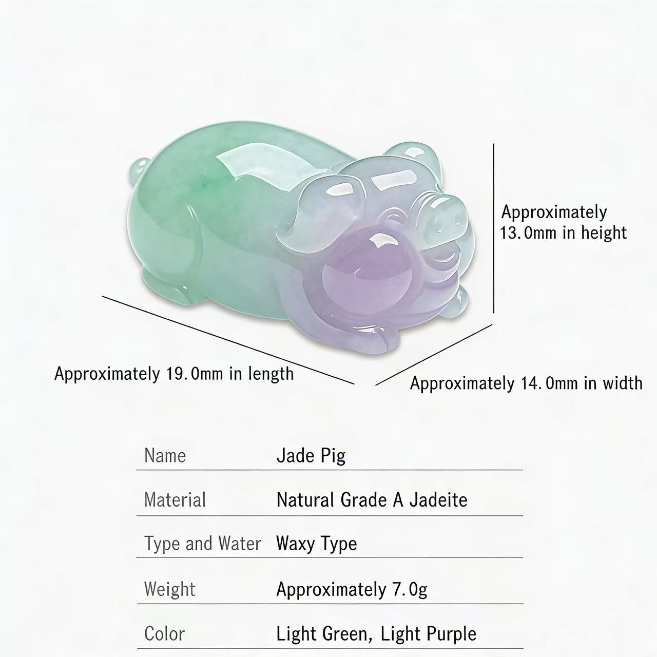 Jade pig figurine with measurements and details on a white background
