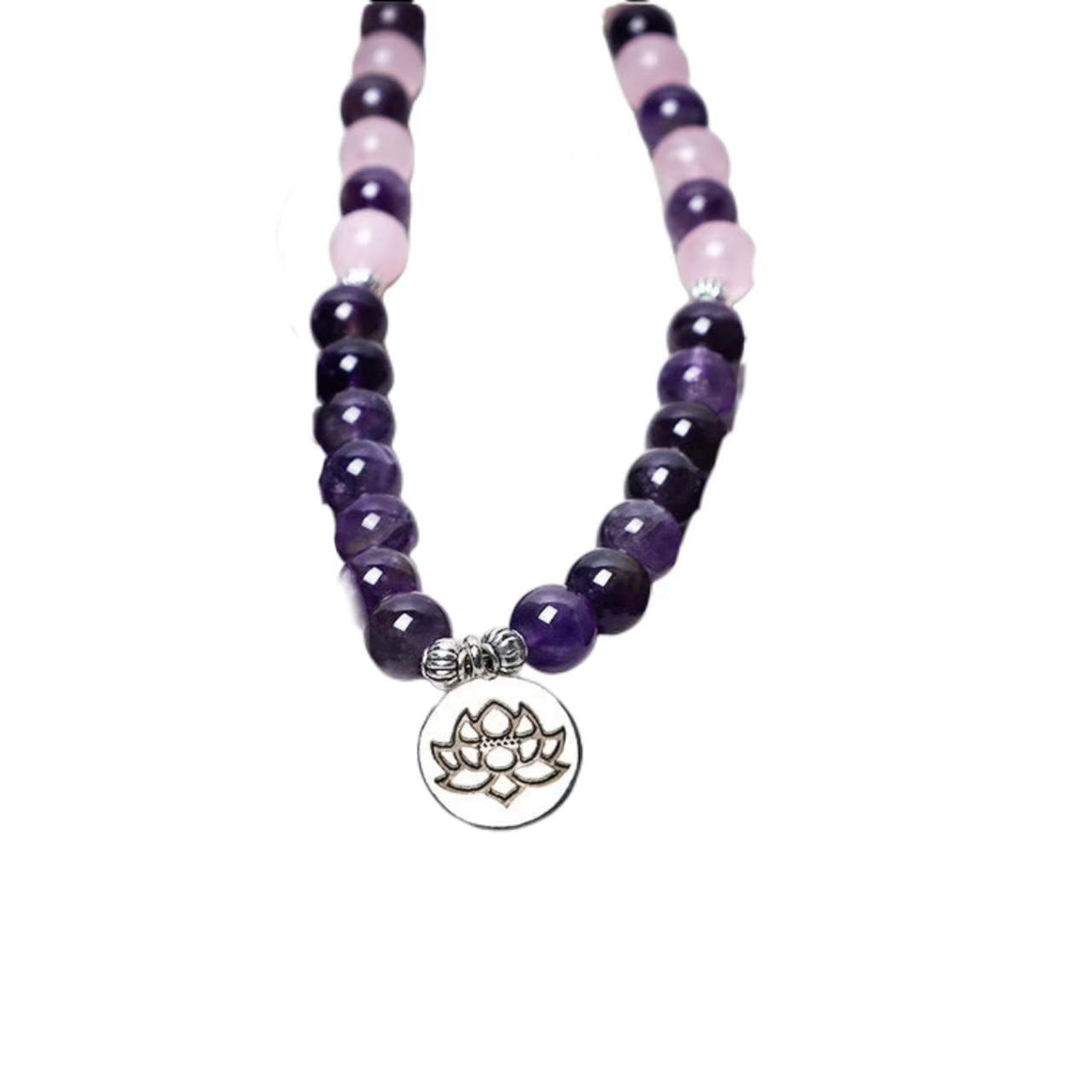 Rose Quartz and Amethyst mala bracelet with silver lotus pendant – TheFuMaster