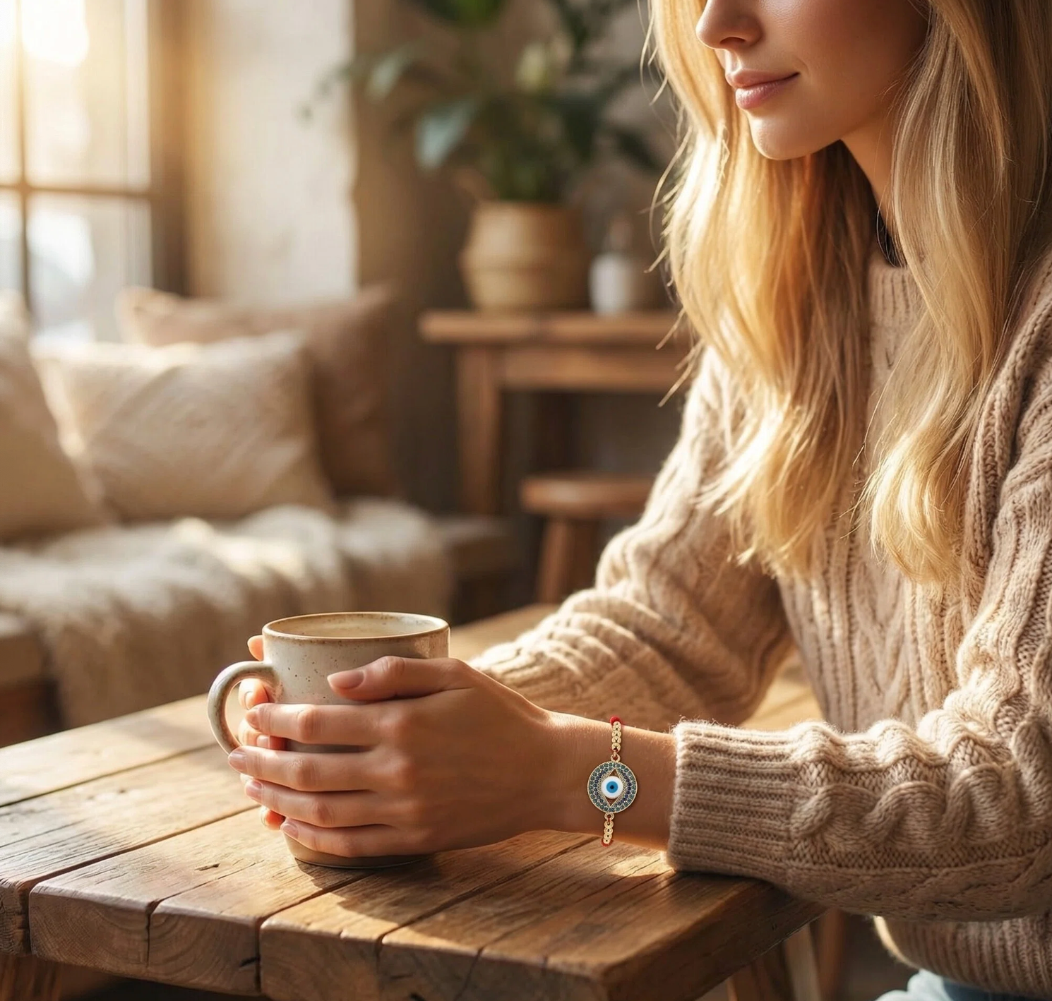 Woman holding a mug in a cozy living room