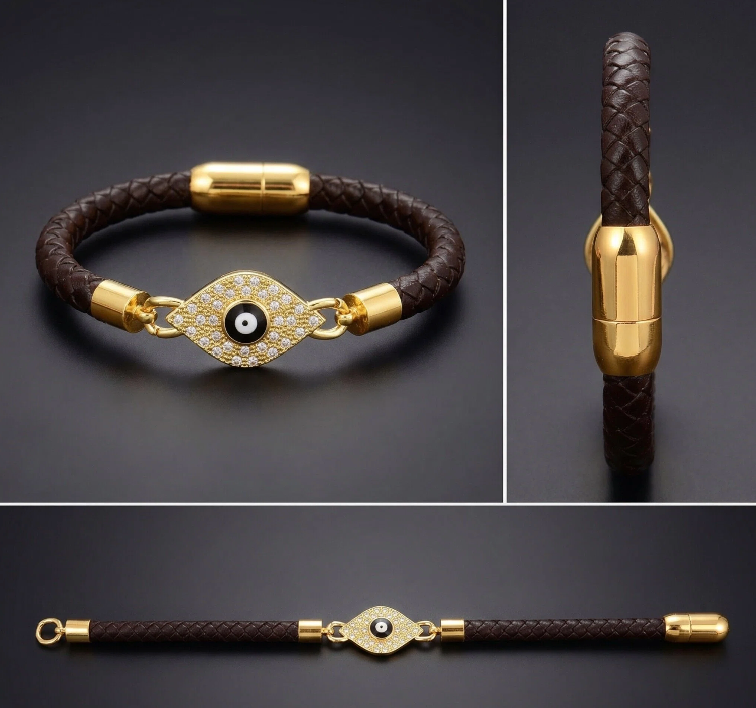 Brown braided leather bracelet with gold accents and an eye-shaped charm on a dark background.