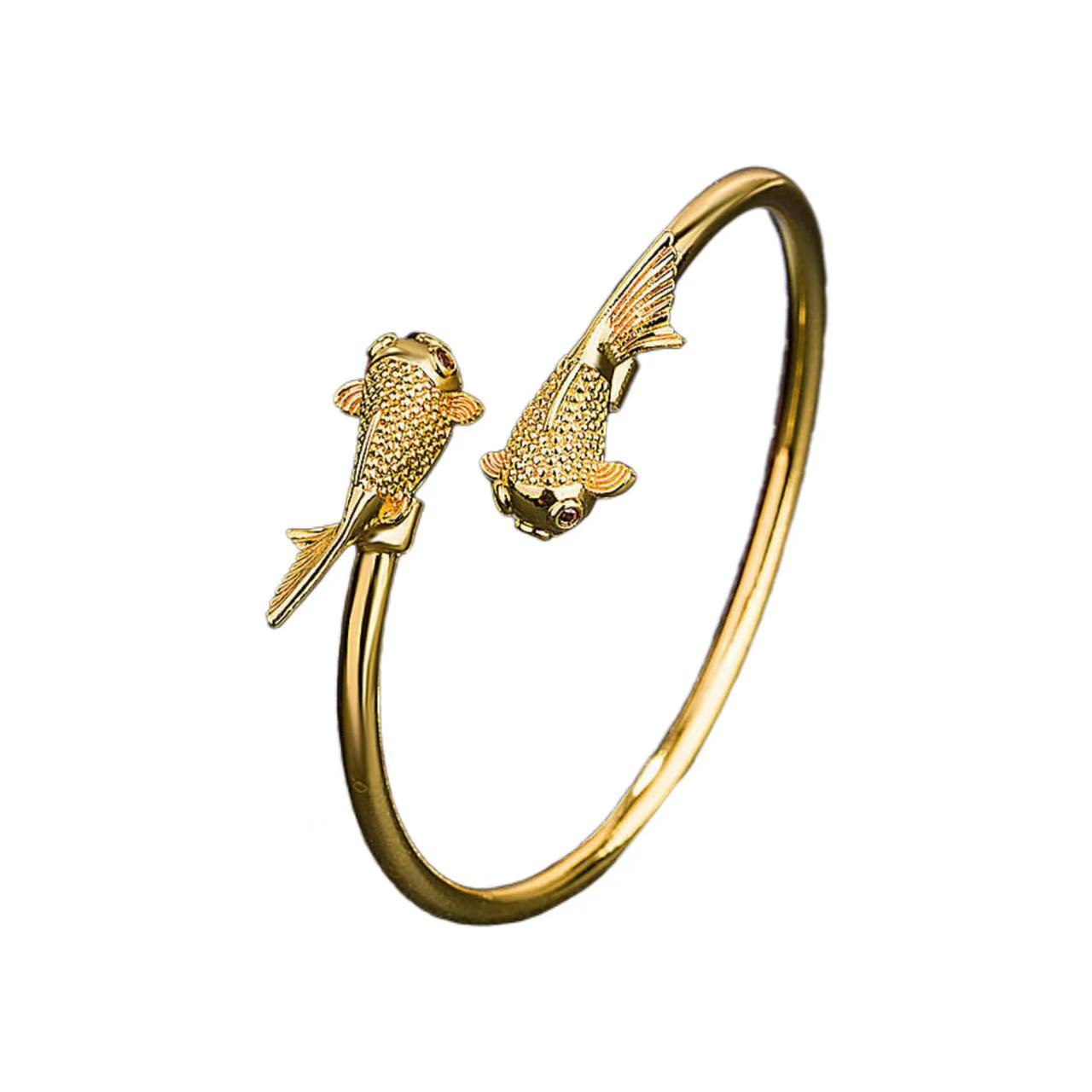 Gold bracelet with fish designs on a white background