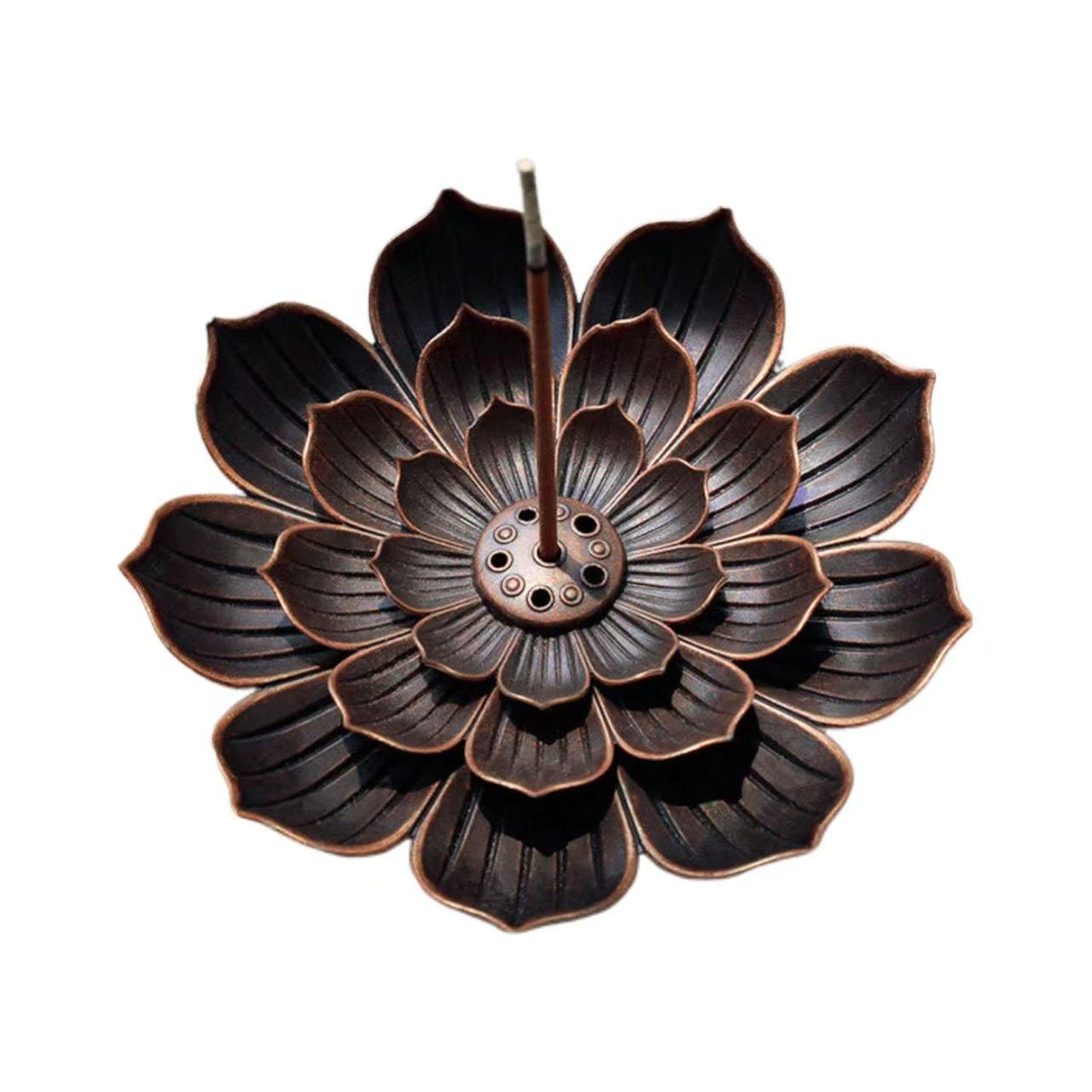 Decorative metal incense burner shaped like a lotus flower on a white background