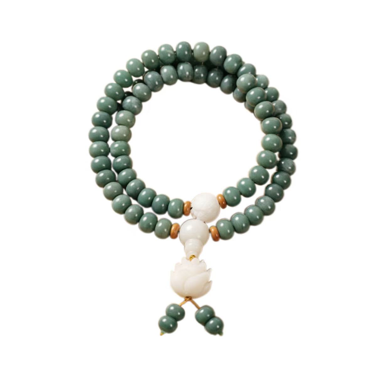 Green beaded bracelet with a white pendant on a white background