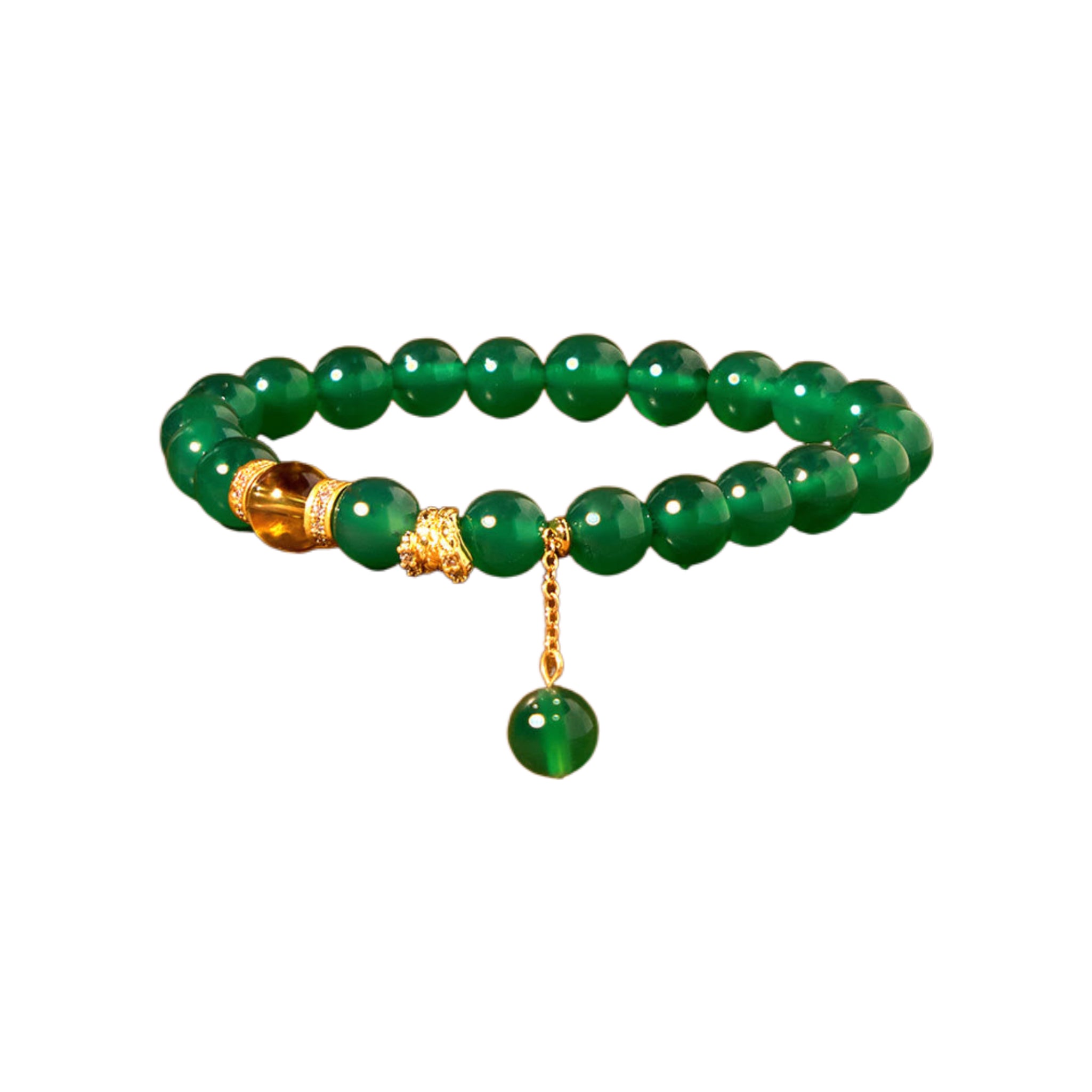 Green beaded bracelet with gold accents on a white background