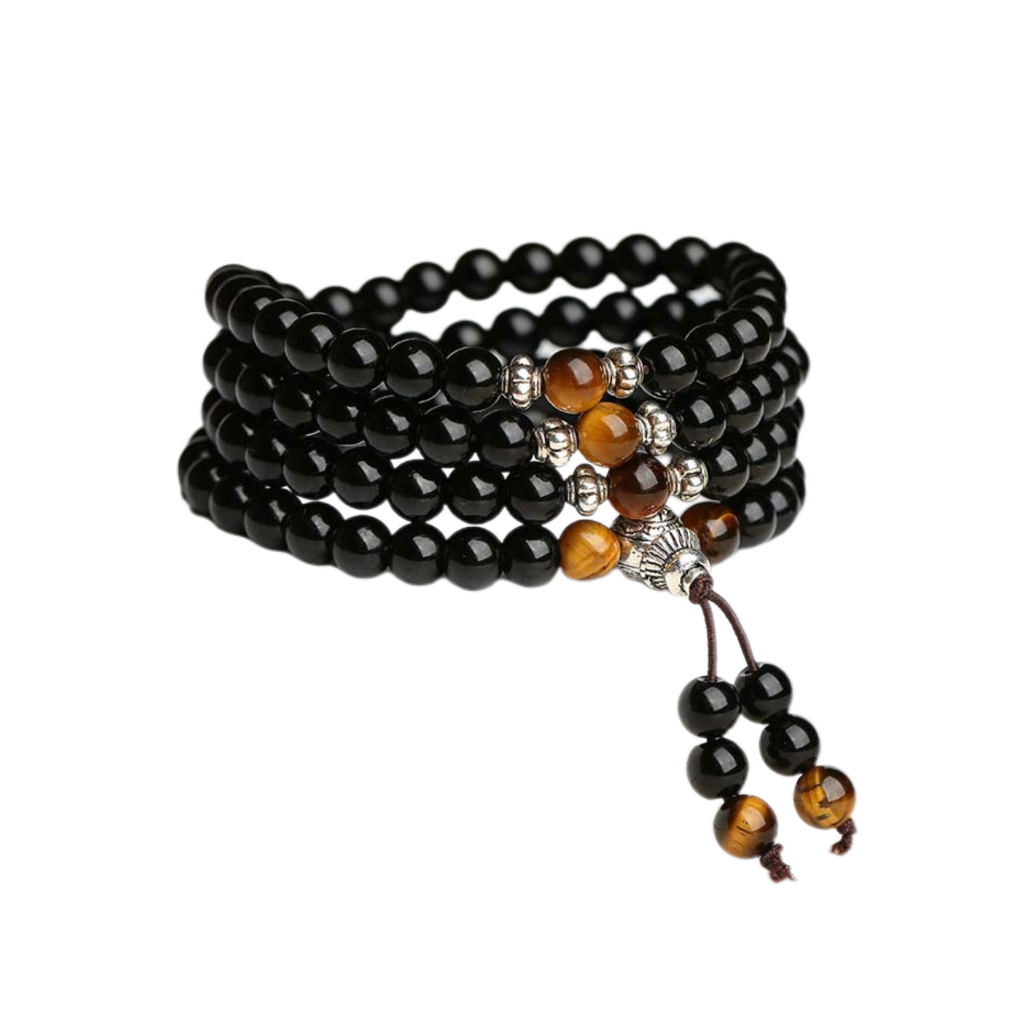 Black beaded bracelet with brown accents on a white background