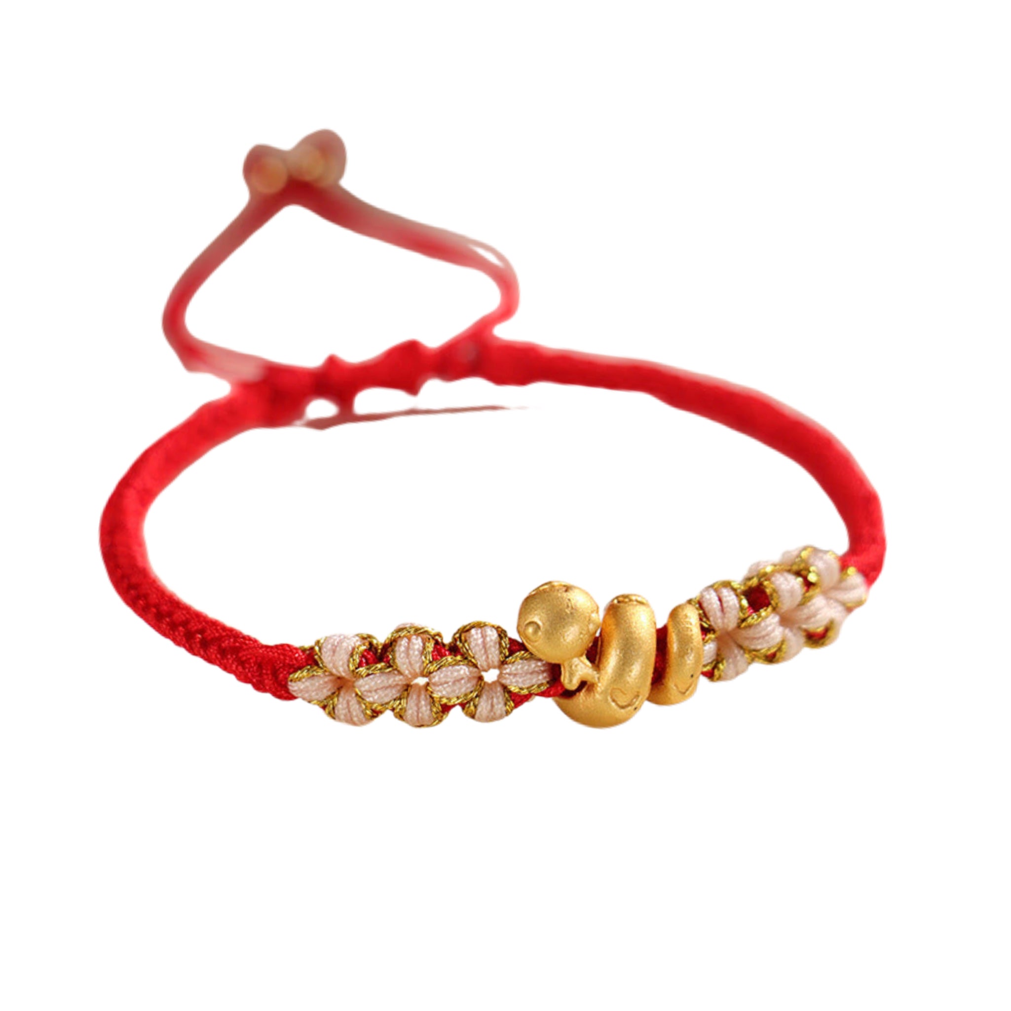 Red string bracelet with gold and pearl beads on a white background