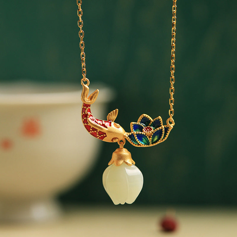 The Luminous Emergence White Jade Lotus & Koi Necklace