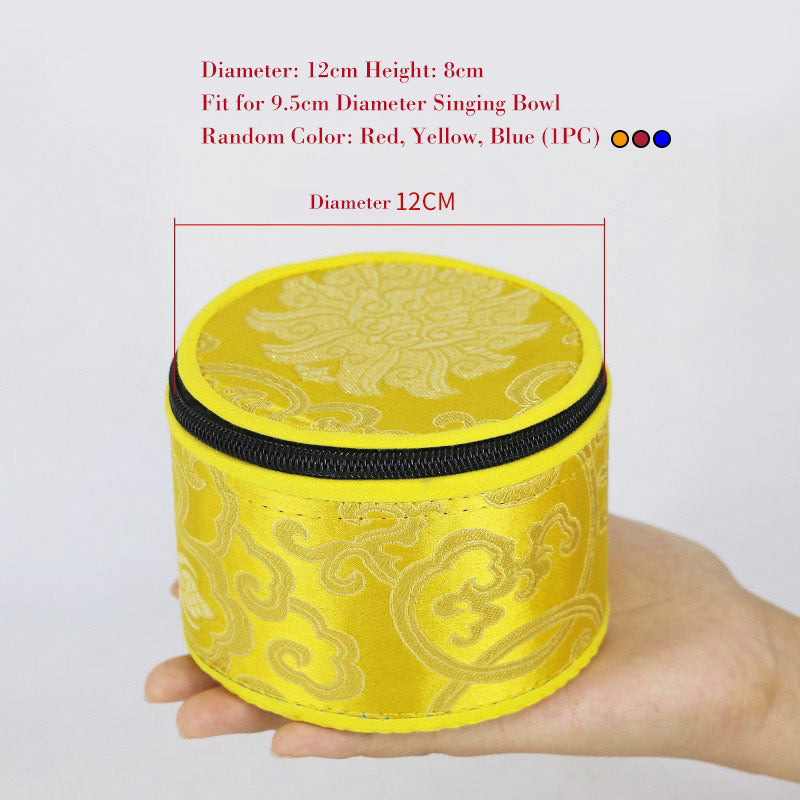 Yellow singing bowl cover with floral patterns held by a hand, showing measurements and color options.