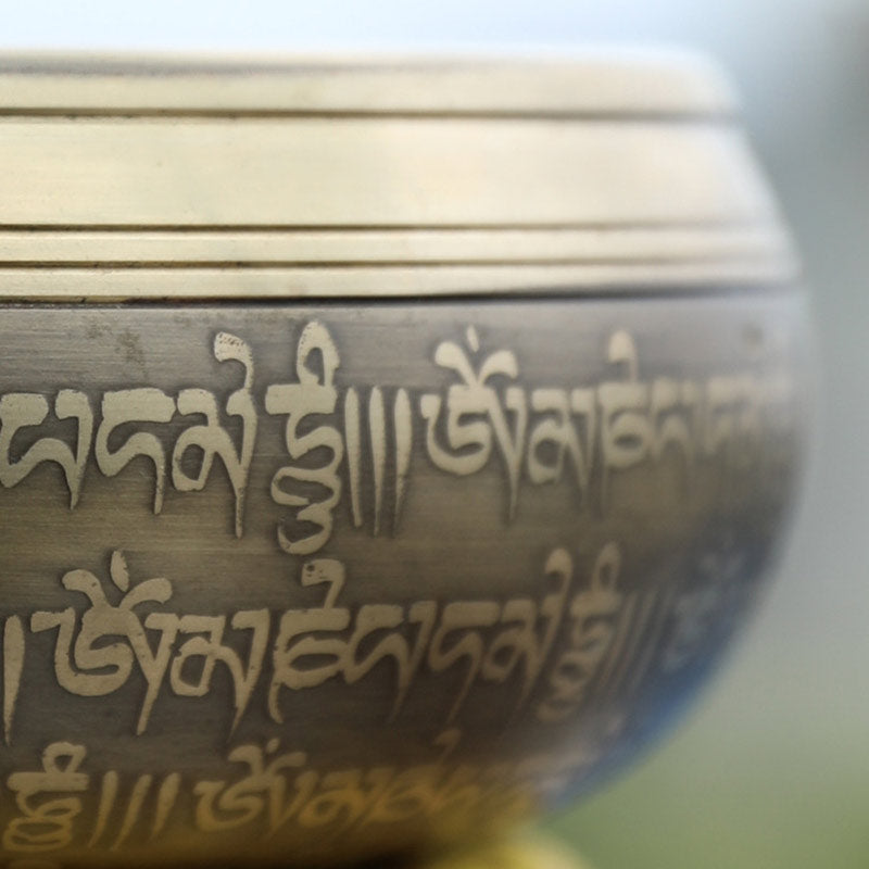 Close-up of a metallic object with engraved text on a blurred background