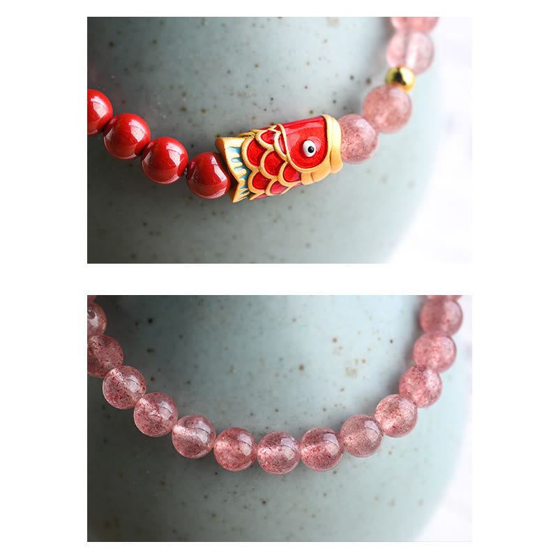 The Vitality Current Strawberry Quartz & Cinnabar Koi Bracelet