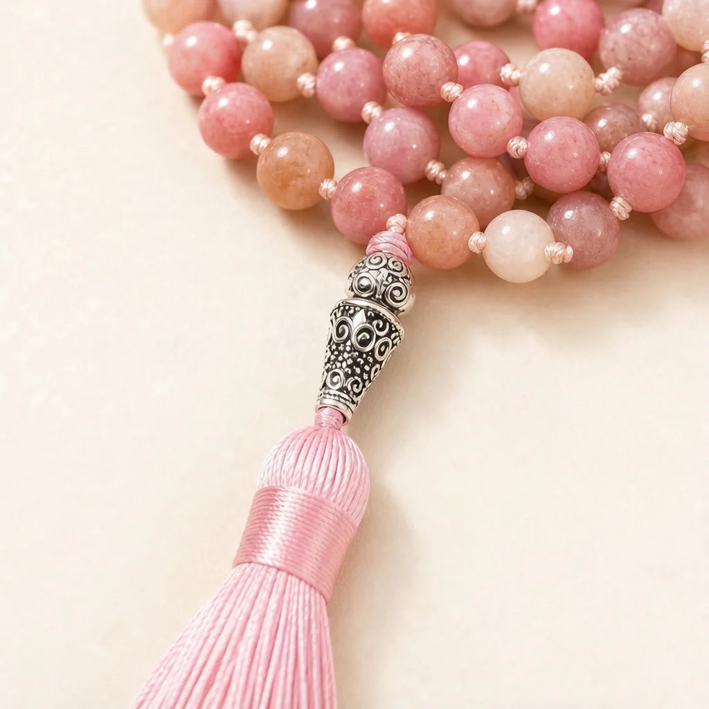 Warm Rose Rhodochrosite 108-Bead Mala Necklace