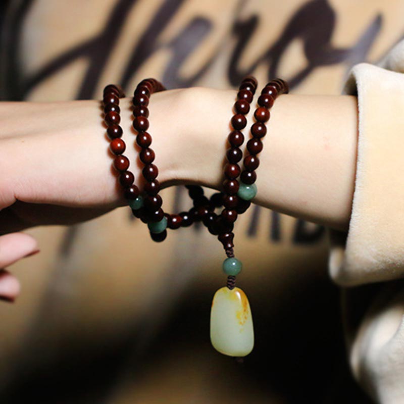 Tibetan Small Leaf Red Sandalwood Jade Mala