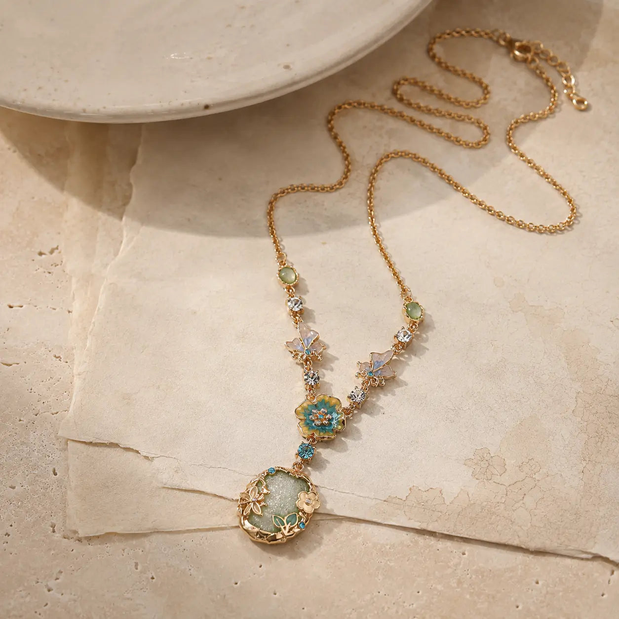 Harmonious Green Butterfly Flower Necklace