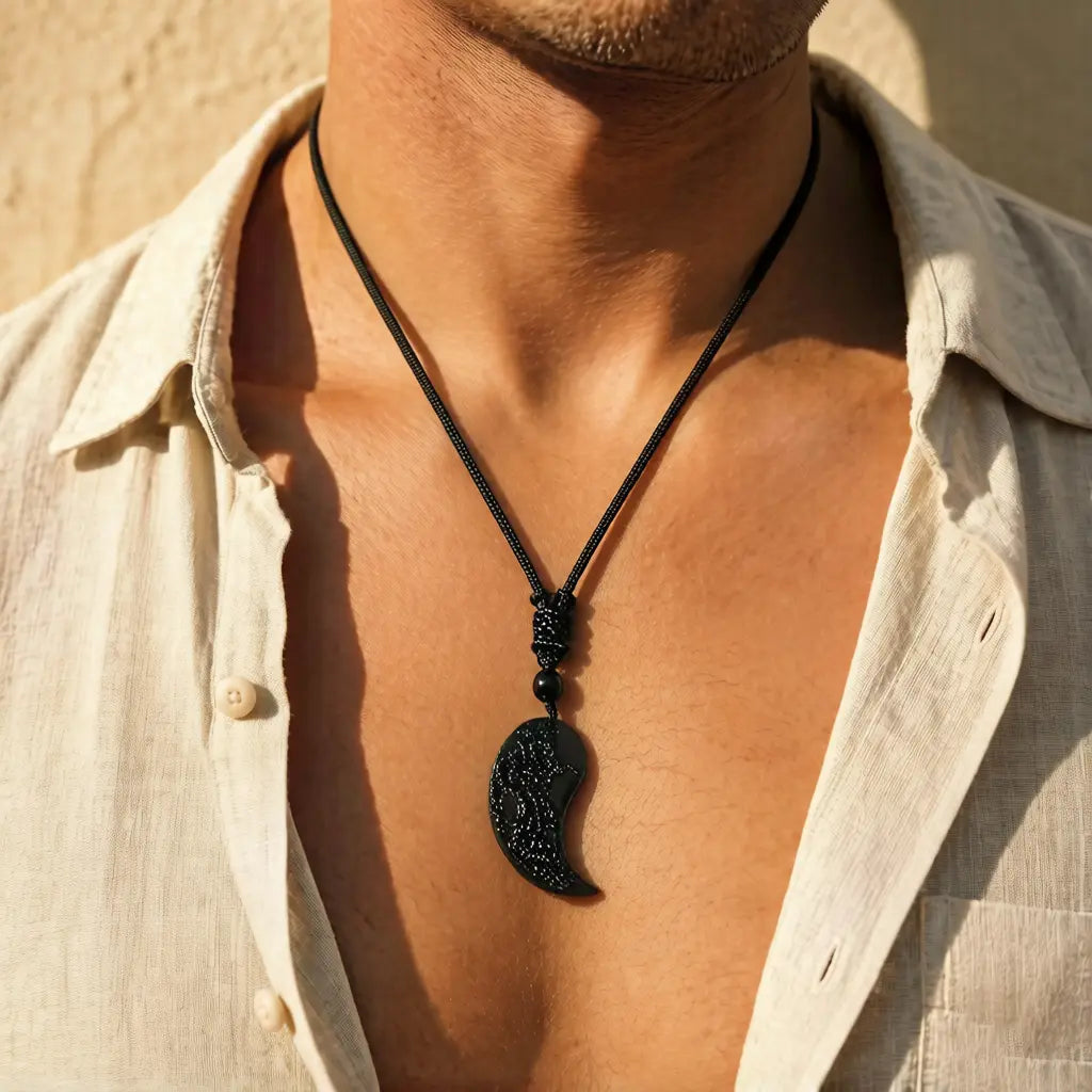Bound Together Dragon Phoenix Obsidian Couple Pendants
