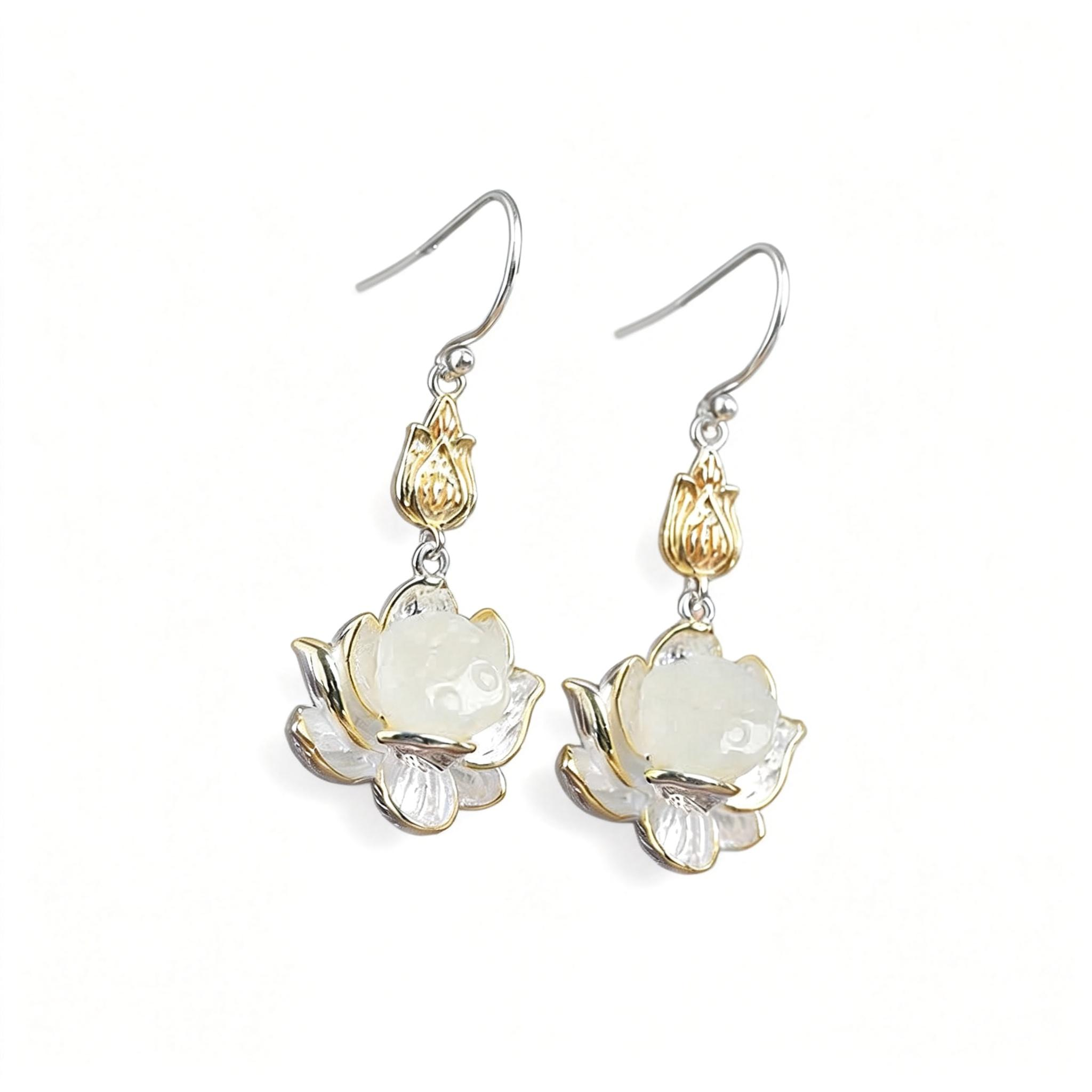TheFuMaster White Jade Lotus Protection Drop Earrings handcrafted in sterling silver symbolizing peace and harmony