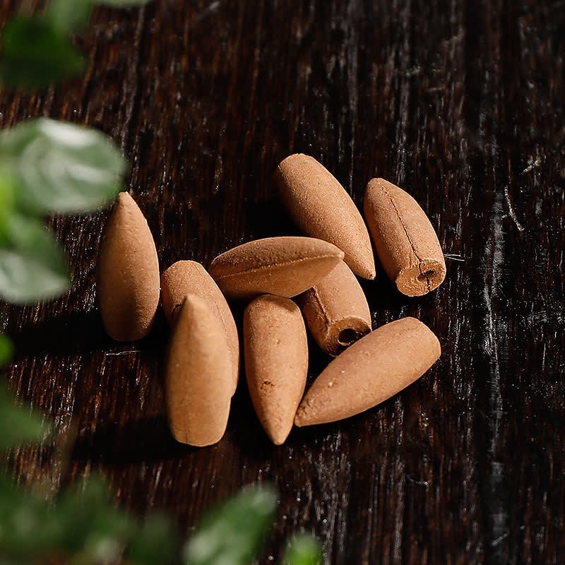 Brown seeds on a dark wooden surface with green leaves in the background
