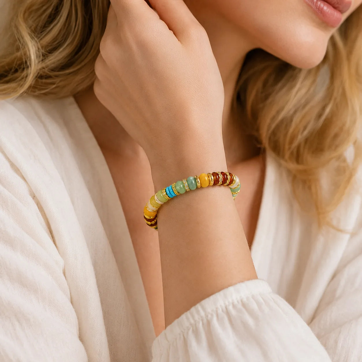 Dopamine Fortune Natural Stone Bracelet worn on a woman's wrist