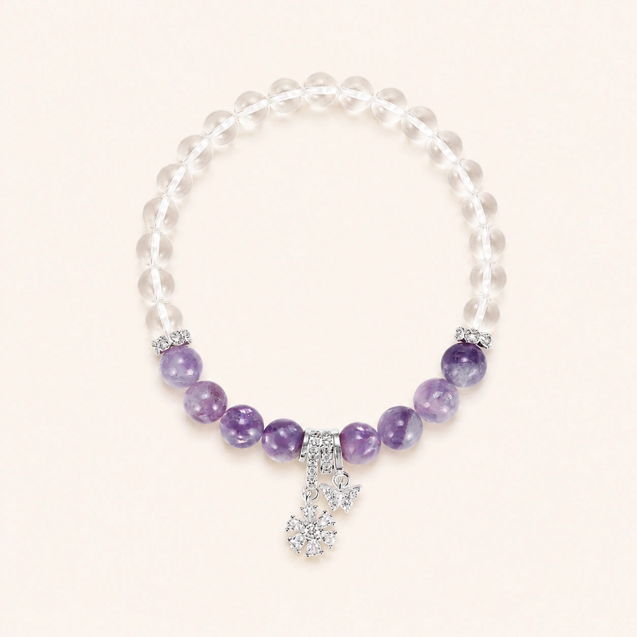 Amethyst Zircon Beaded Bracelet with clear beads and silver charms