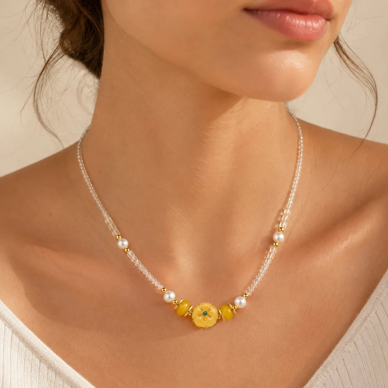 Amber Pearl Bead Necklace