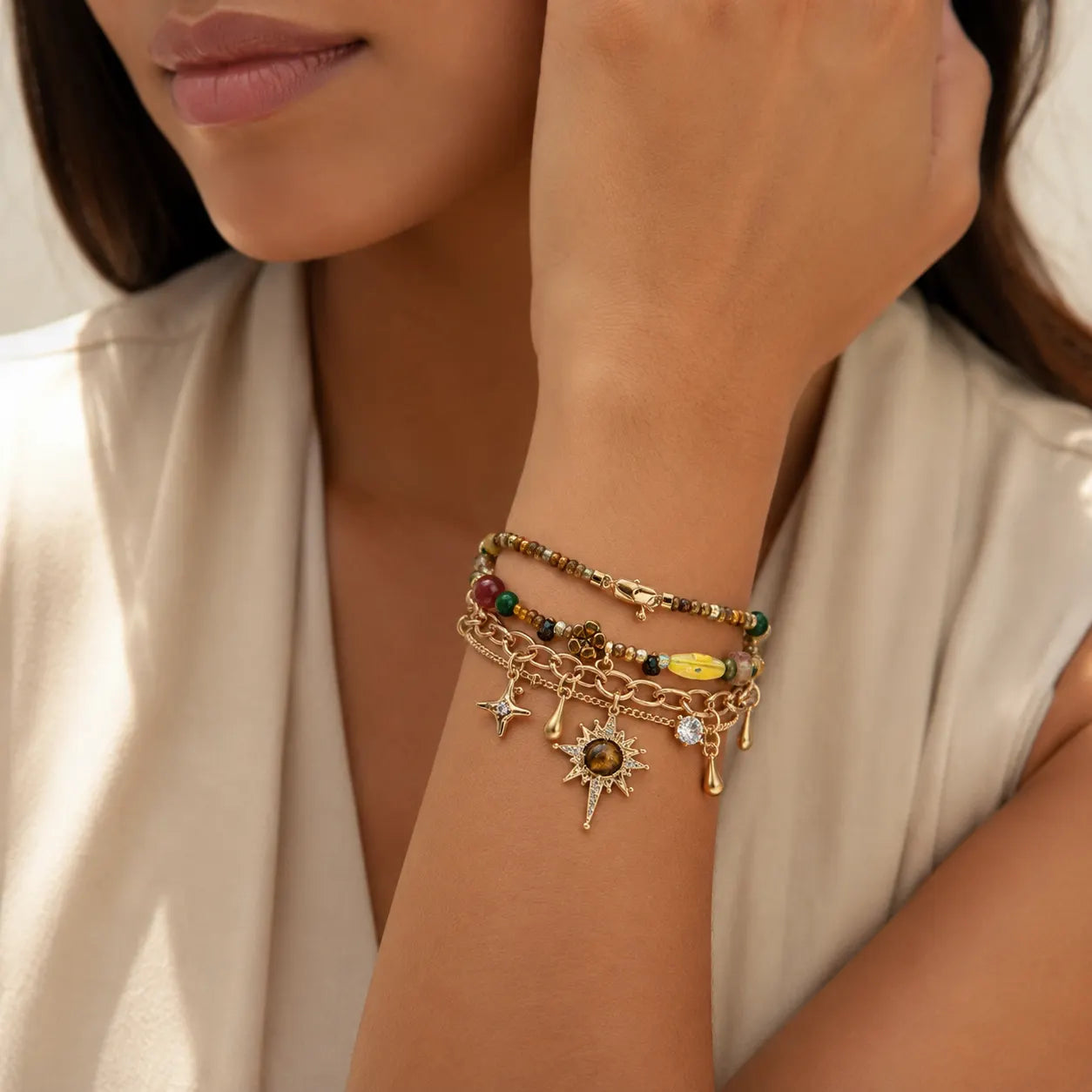 Sun Charm Beaded Tiger Eye Bracelet