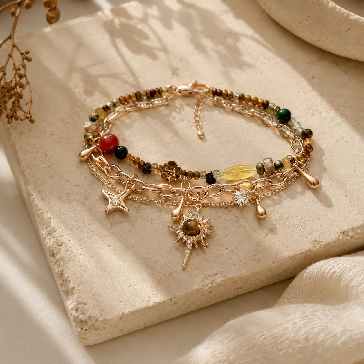 Sun Charm Beaded Tiger Eye Bracelet