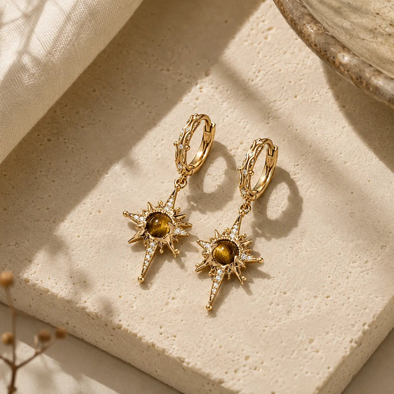 Tiger Eye Sunburst Drop Earrings