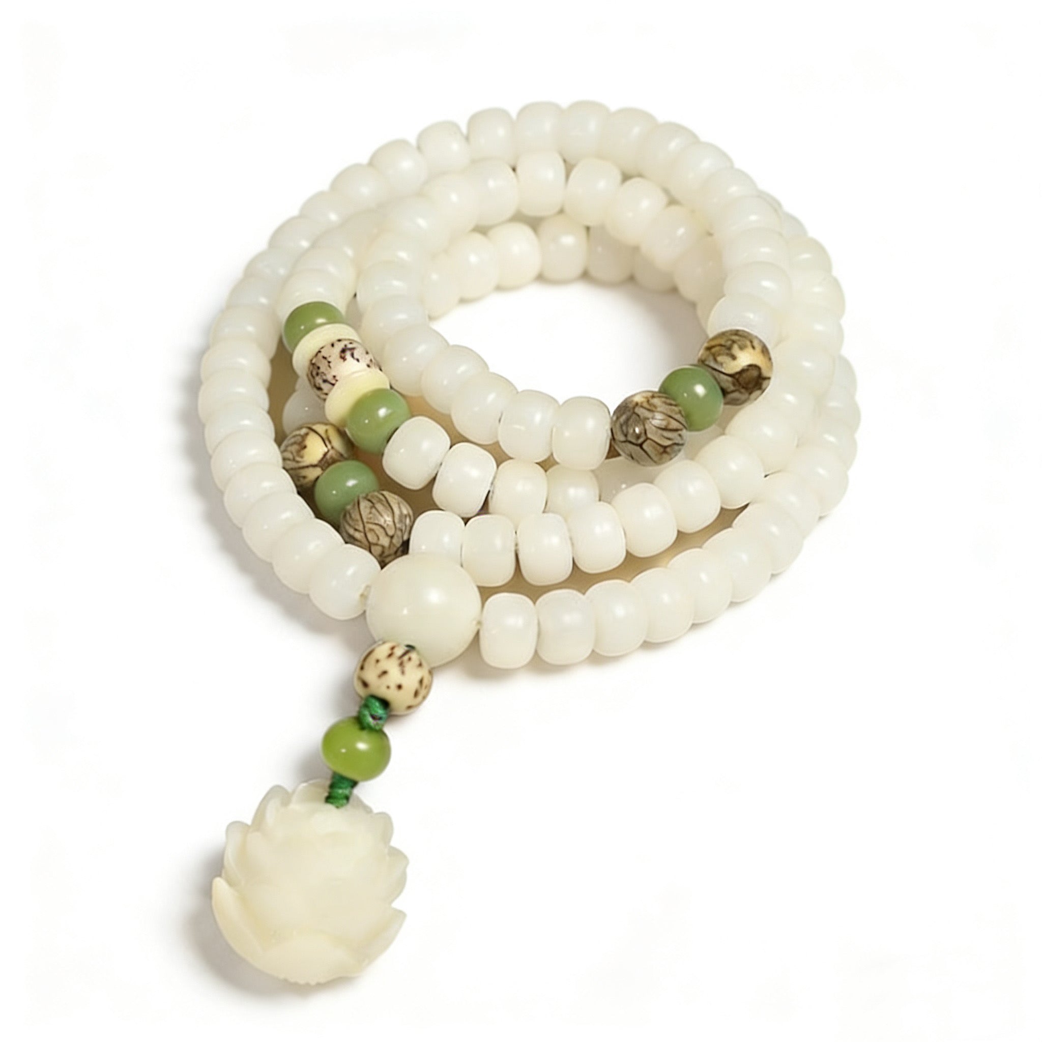 Beaded bracelet with white, green, and gold beads on a white background