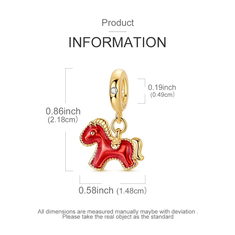 Gold and red horse-shaped pendant with measurements on a white background