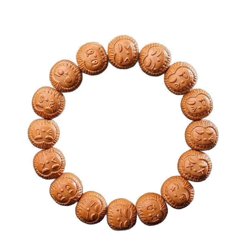 Bracelet made of round brown cookies with embossed designs on a white background